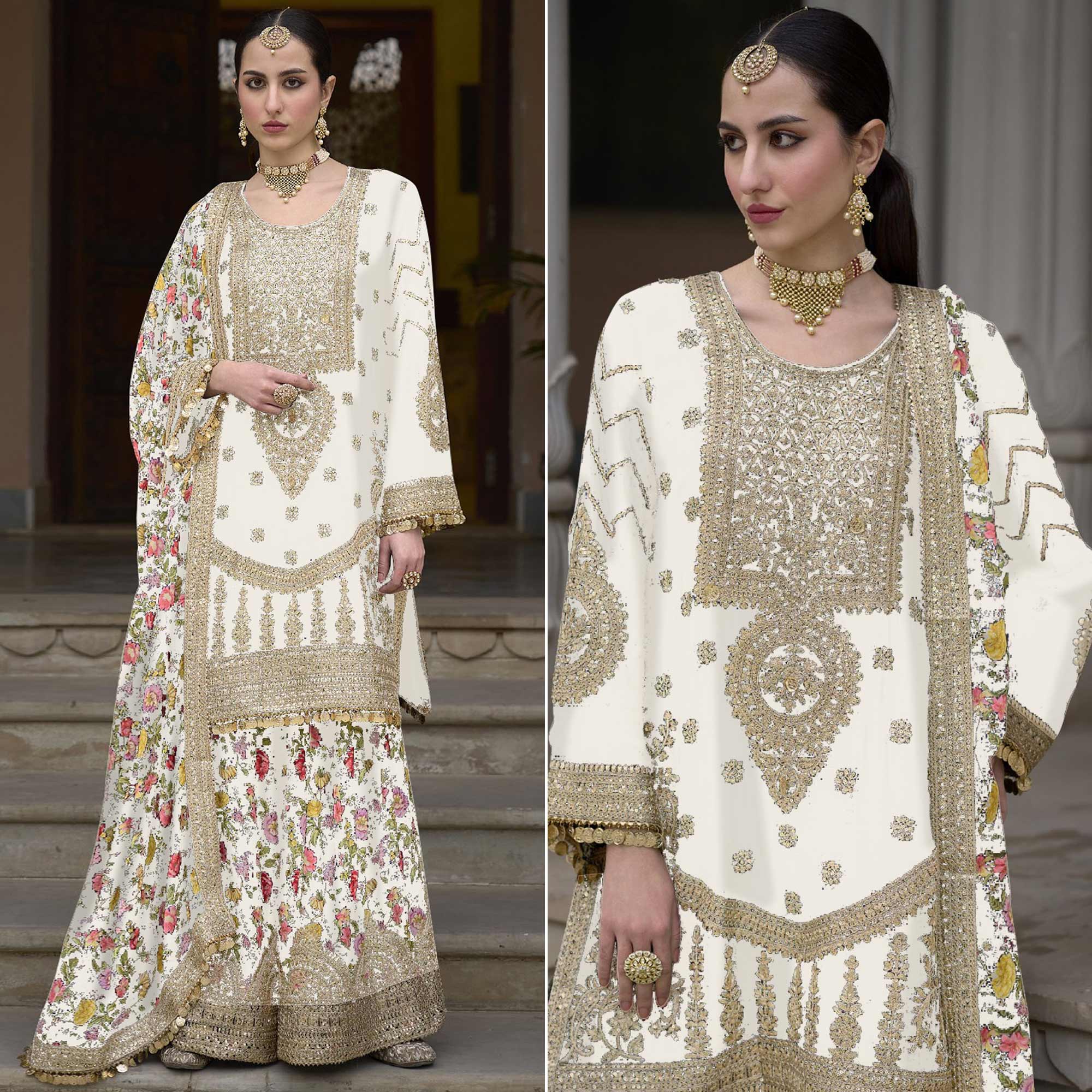 White Floral Sequins Embroidered Chinon Salwar Suit