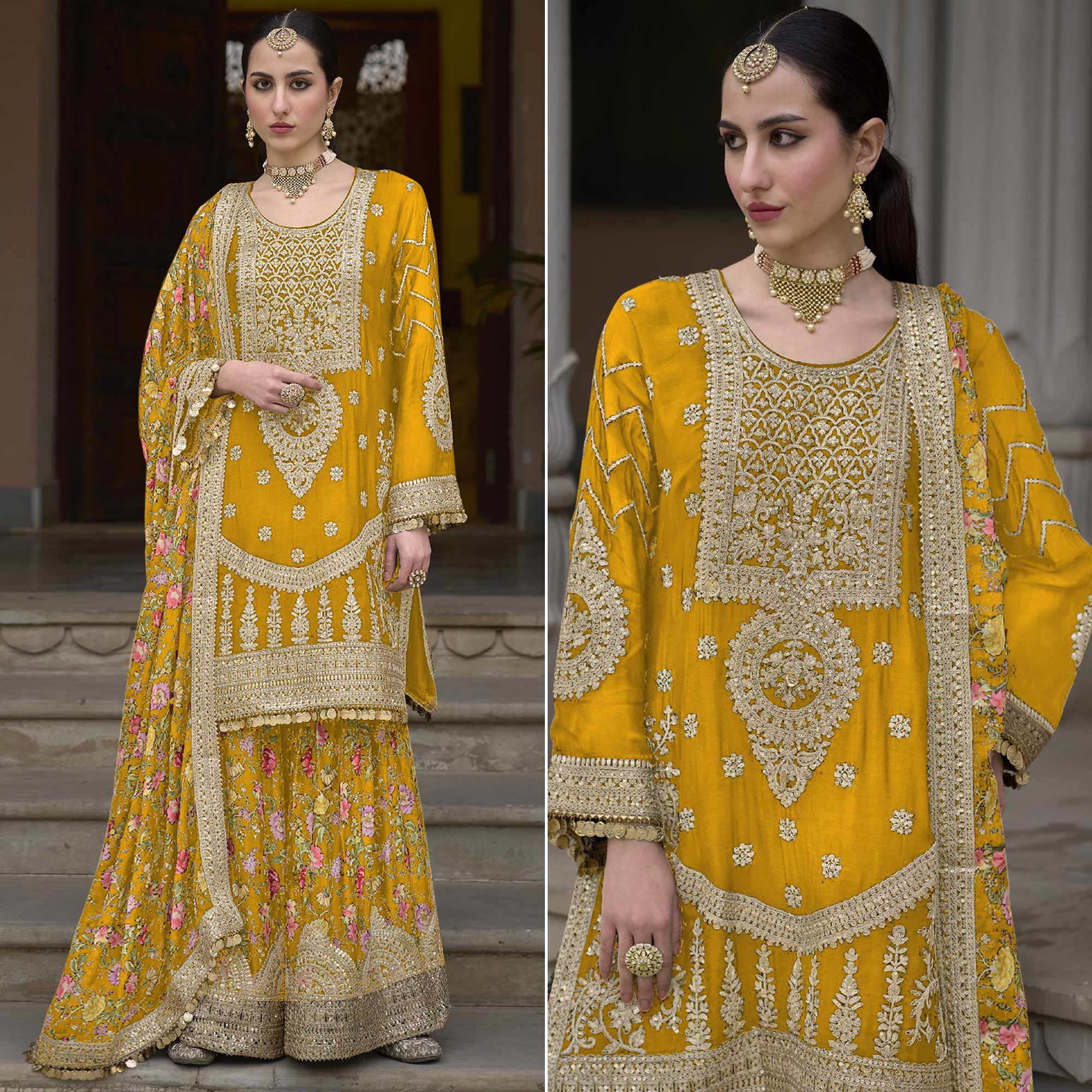 Yellow Floral Sequins Embroidered Chinon Salwar Suit