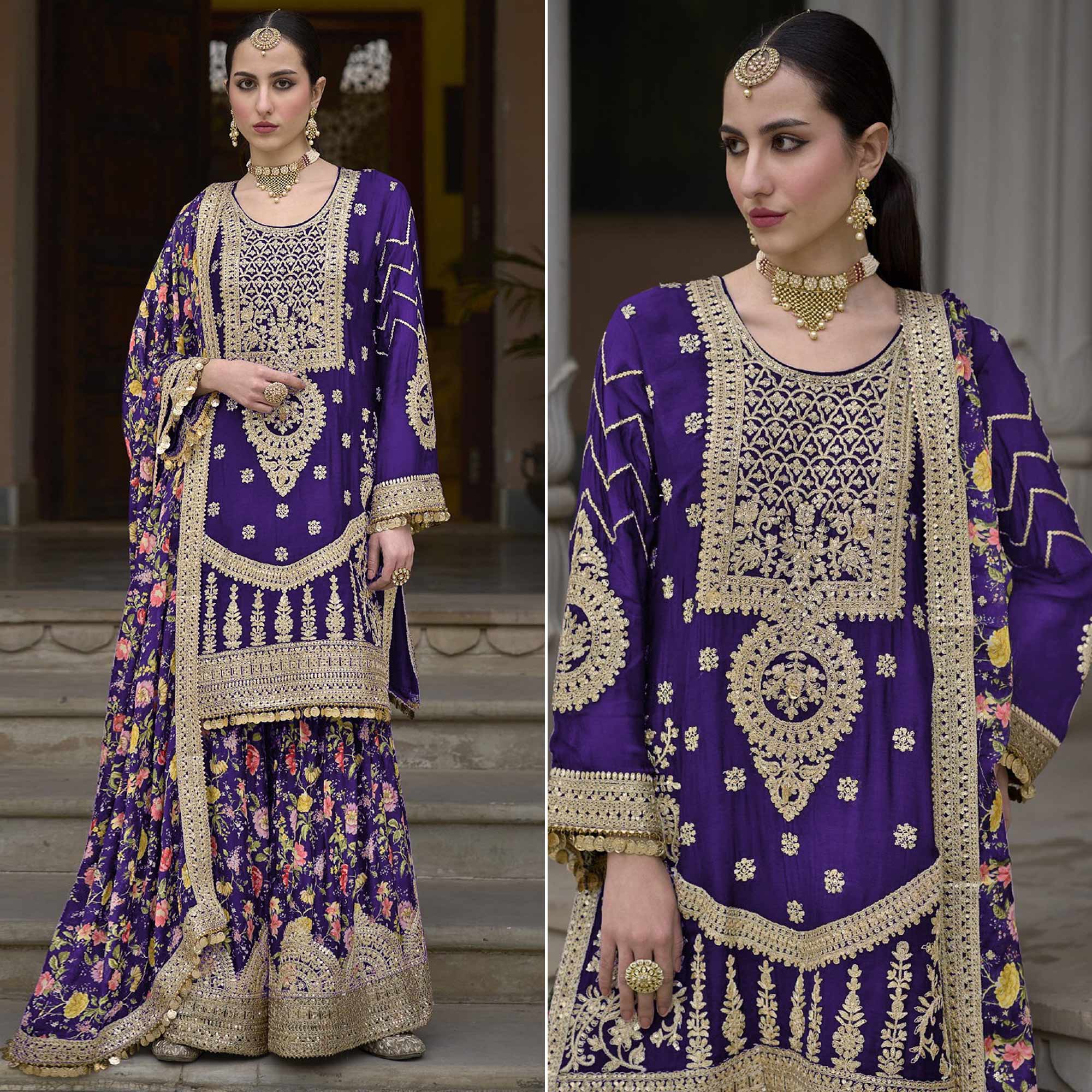 Purple Floral Sequins Embroidered Chinon Salwar Suit