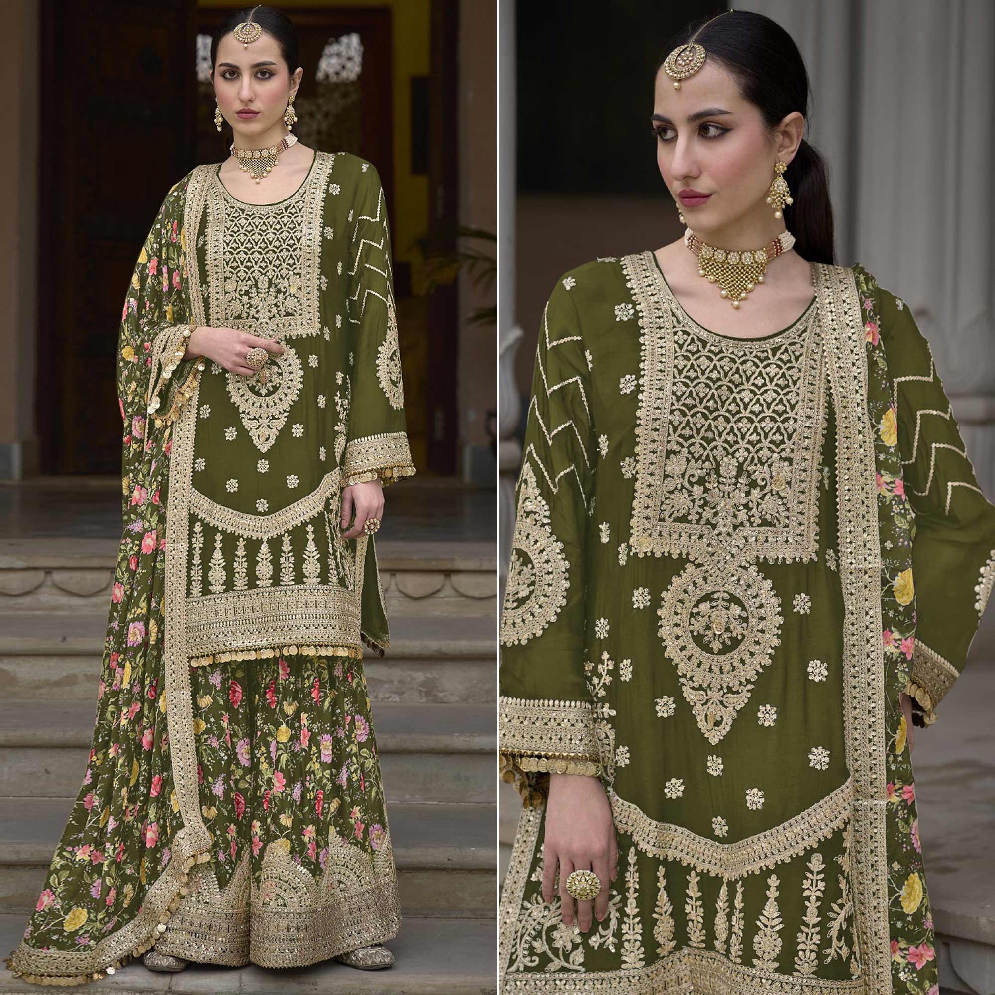 Green Floral Sequins Embroidered Chinon Salwar Suit