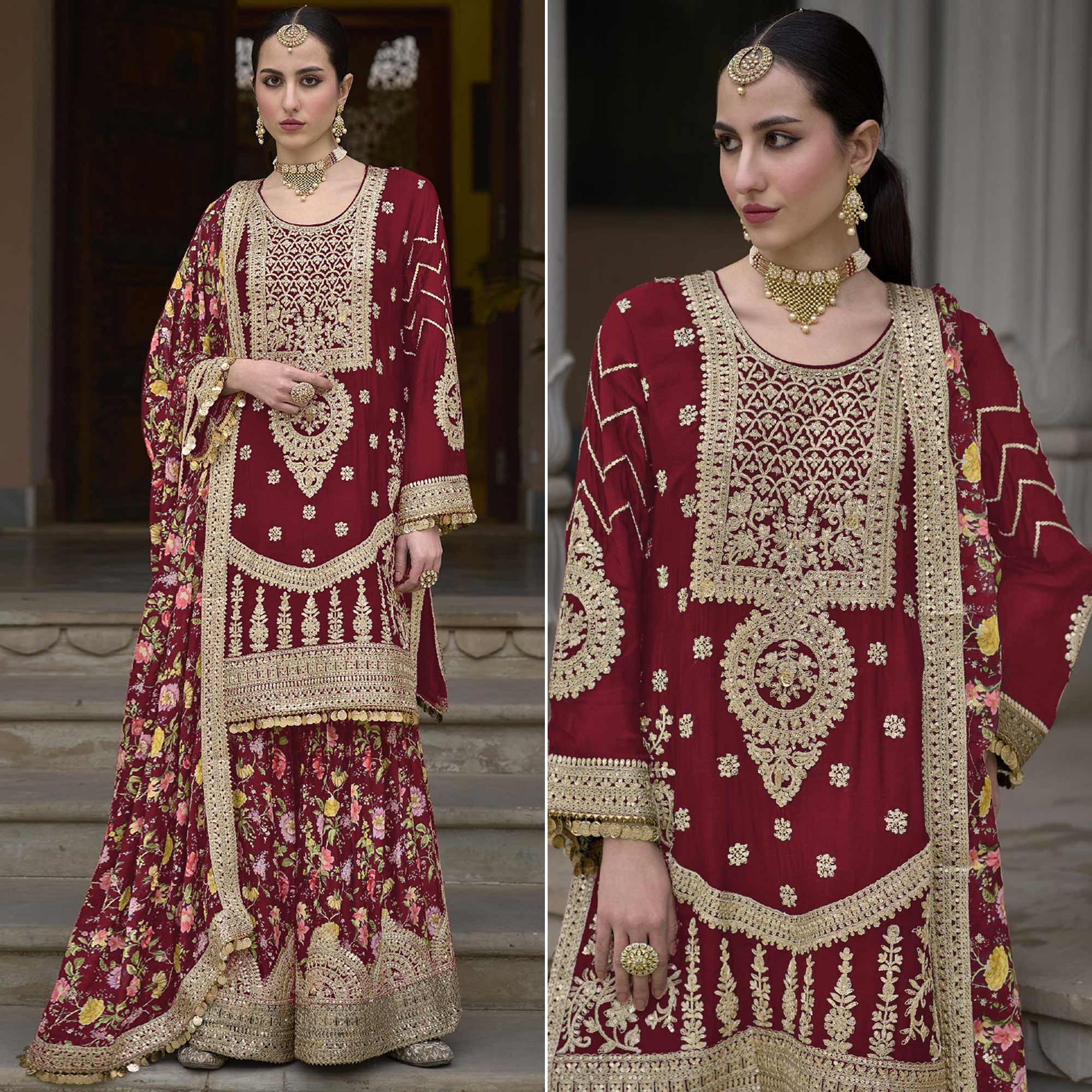 Maroon Floral Sequins Embroidered Chinon Salwar Suit