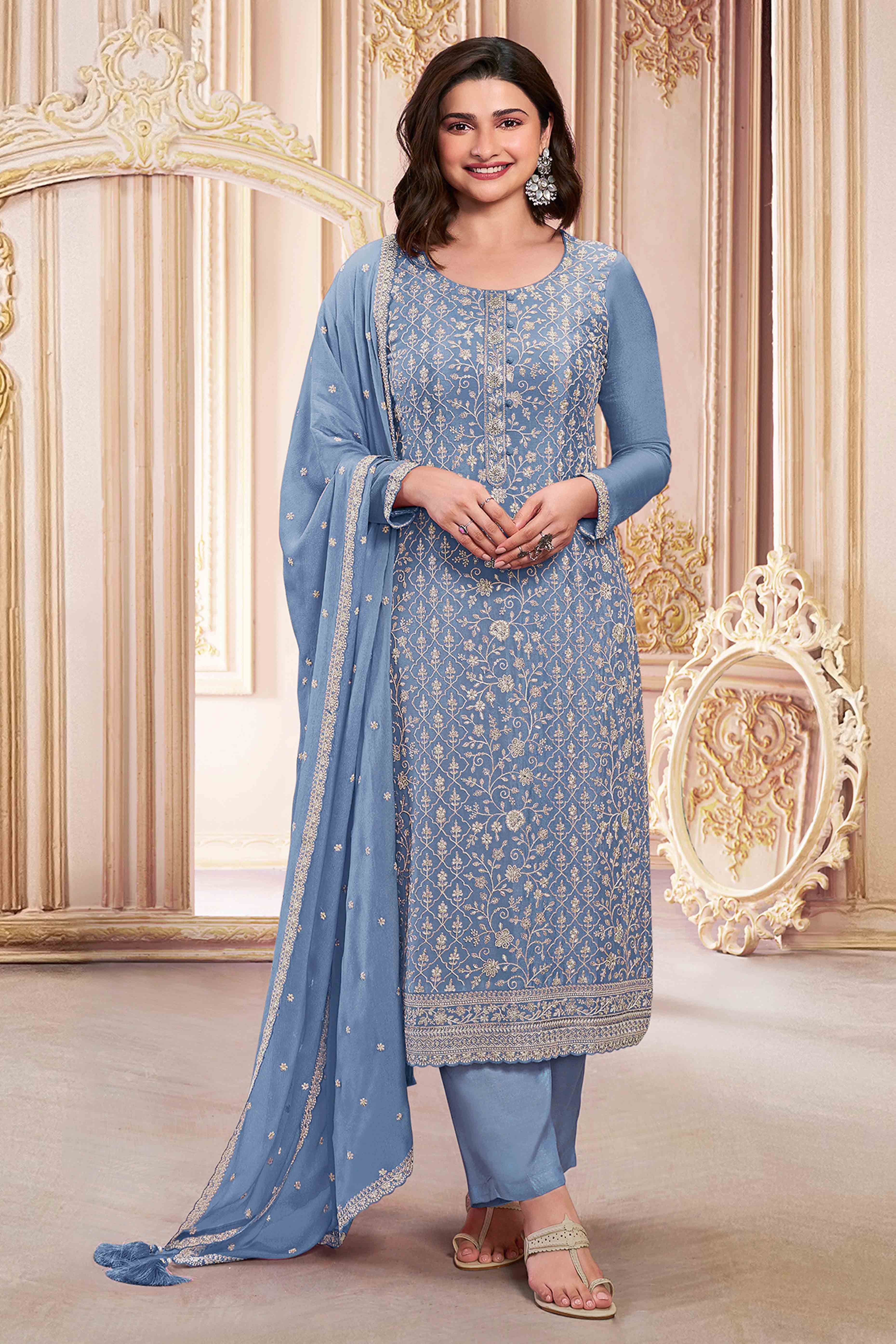 Sky Blue Floral Sequins Embroidery Georgette Semi Stitched Salwar Suit