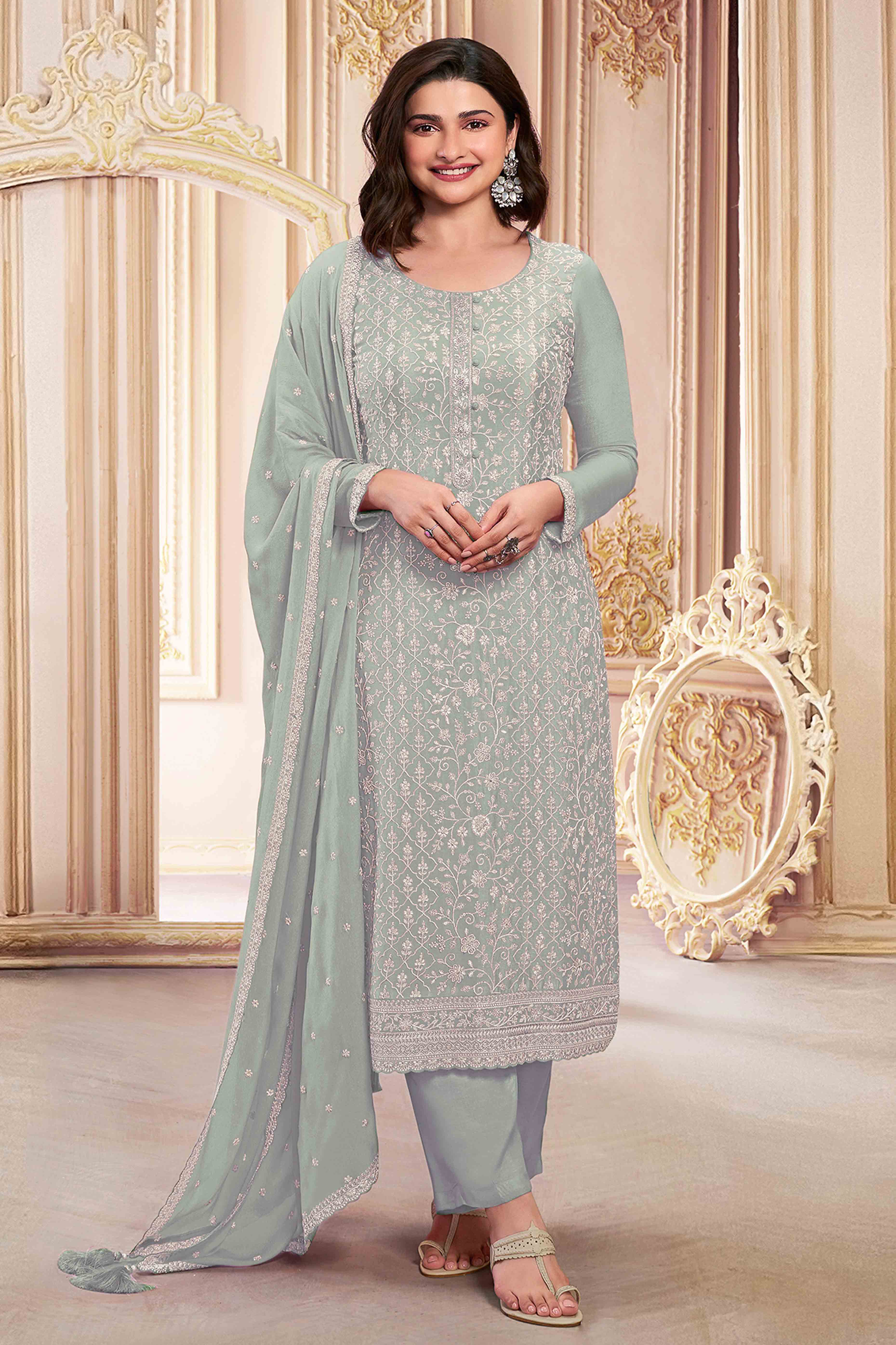 Green Floral Sequins Embroidery Georgette Semi Stitched Salwar Suit