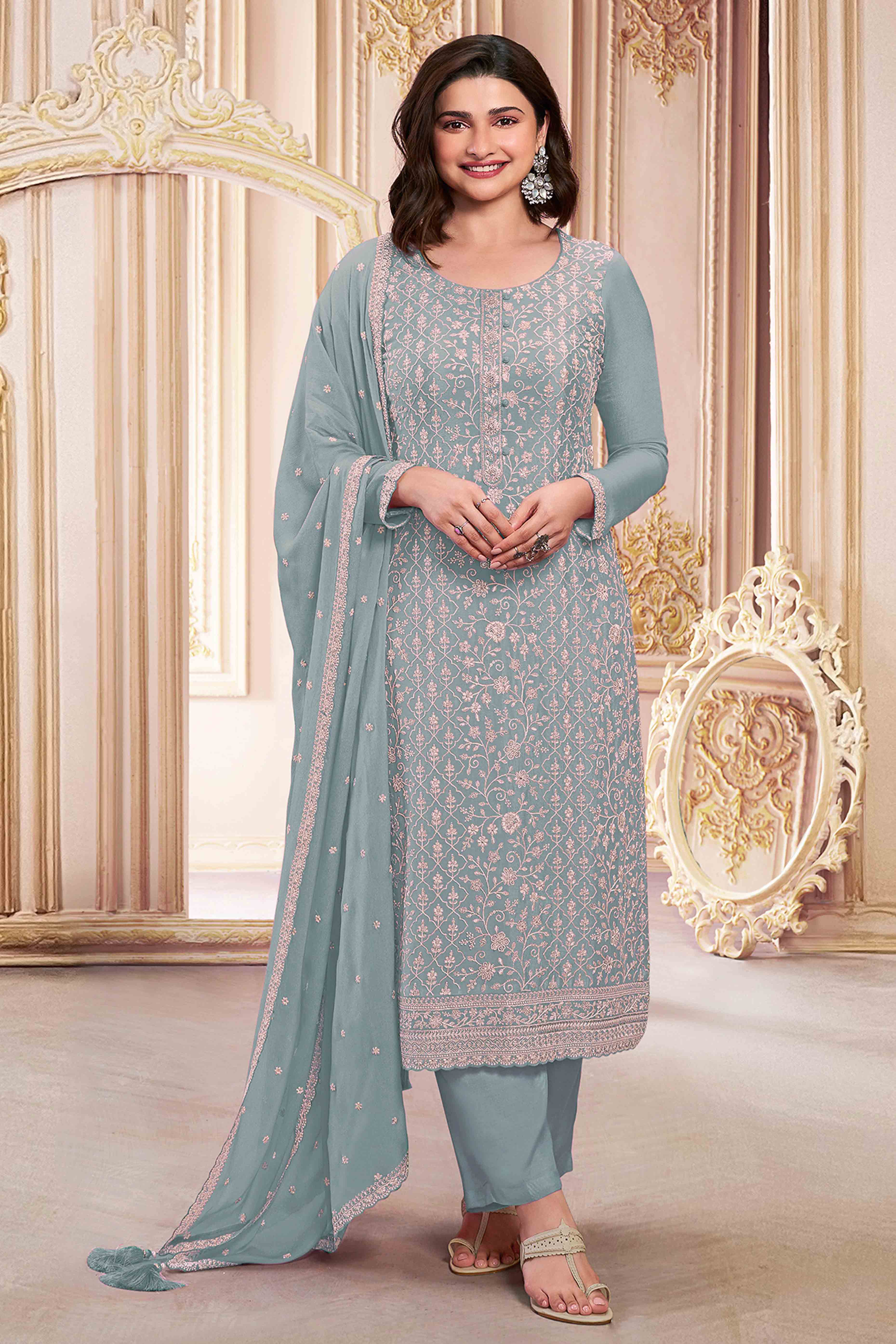 Blue Floral Sequins Embroidery Georgette Semi Stitched Salwar Suit