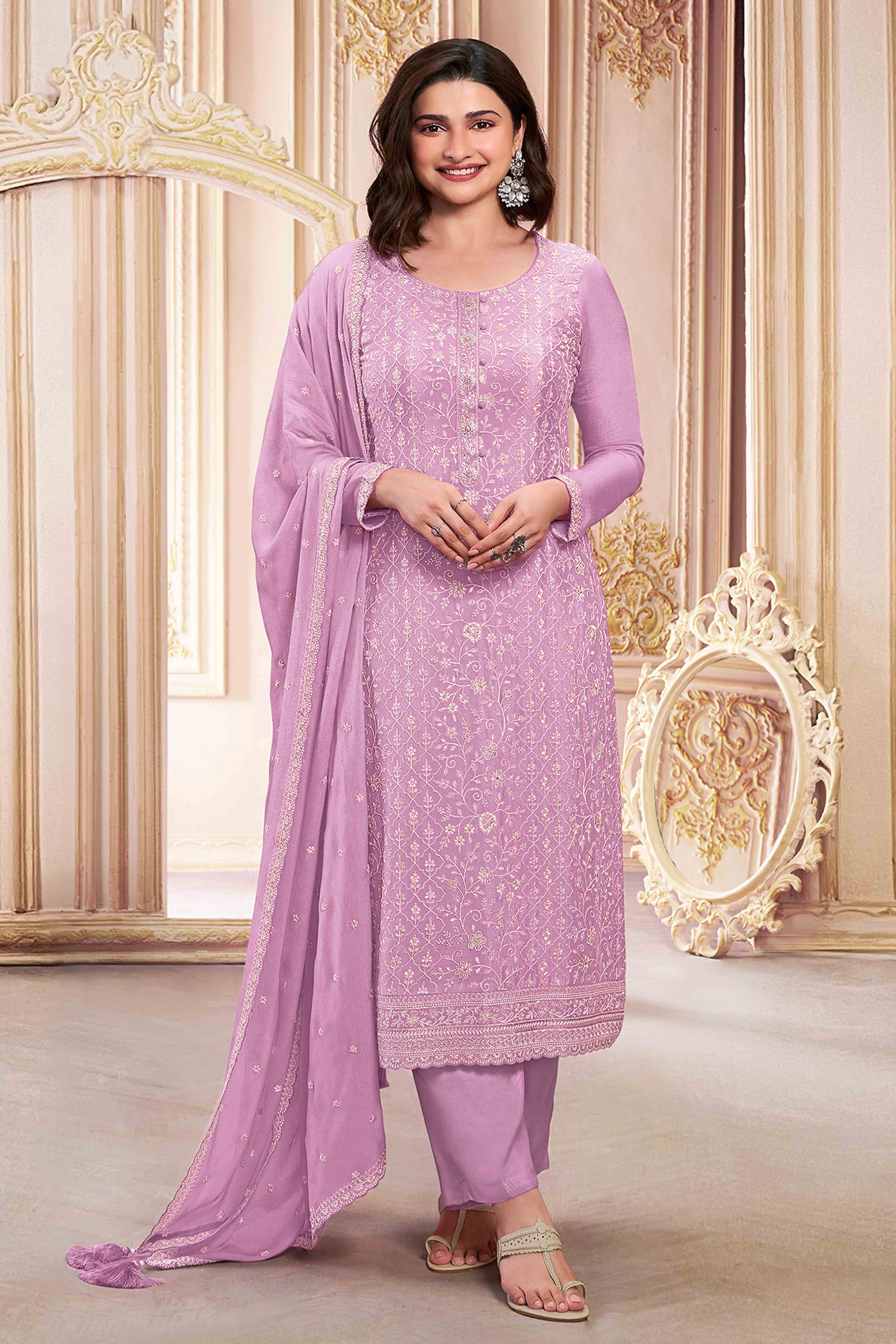 Light Pink Floral Sequins Embroidery Georgette Semi Stitched Salwar Suit