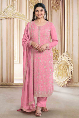 Pink Floral Sequins Embroidery Georgette Semi Stitched Salwar Suit