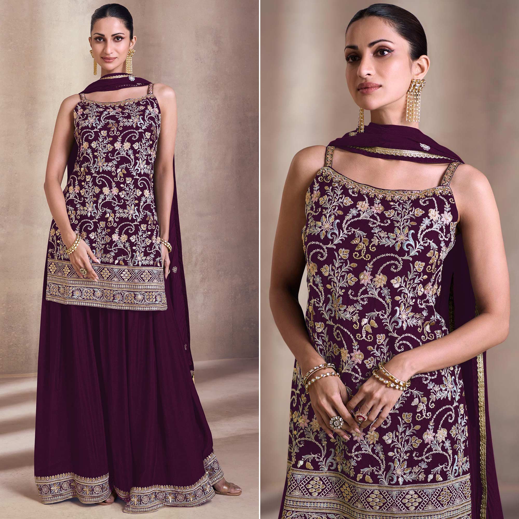 Purple Embroidered Georgette Semi Stitched Dress Material