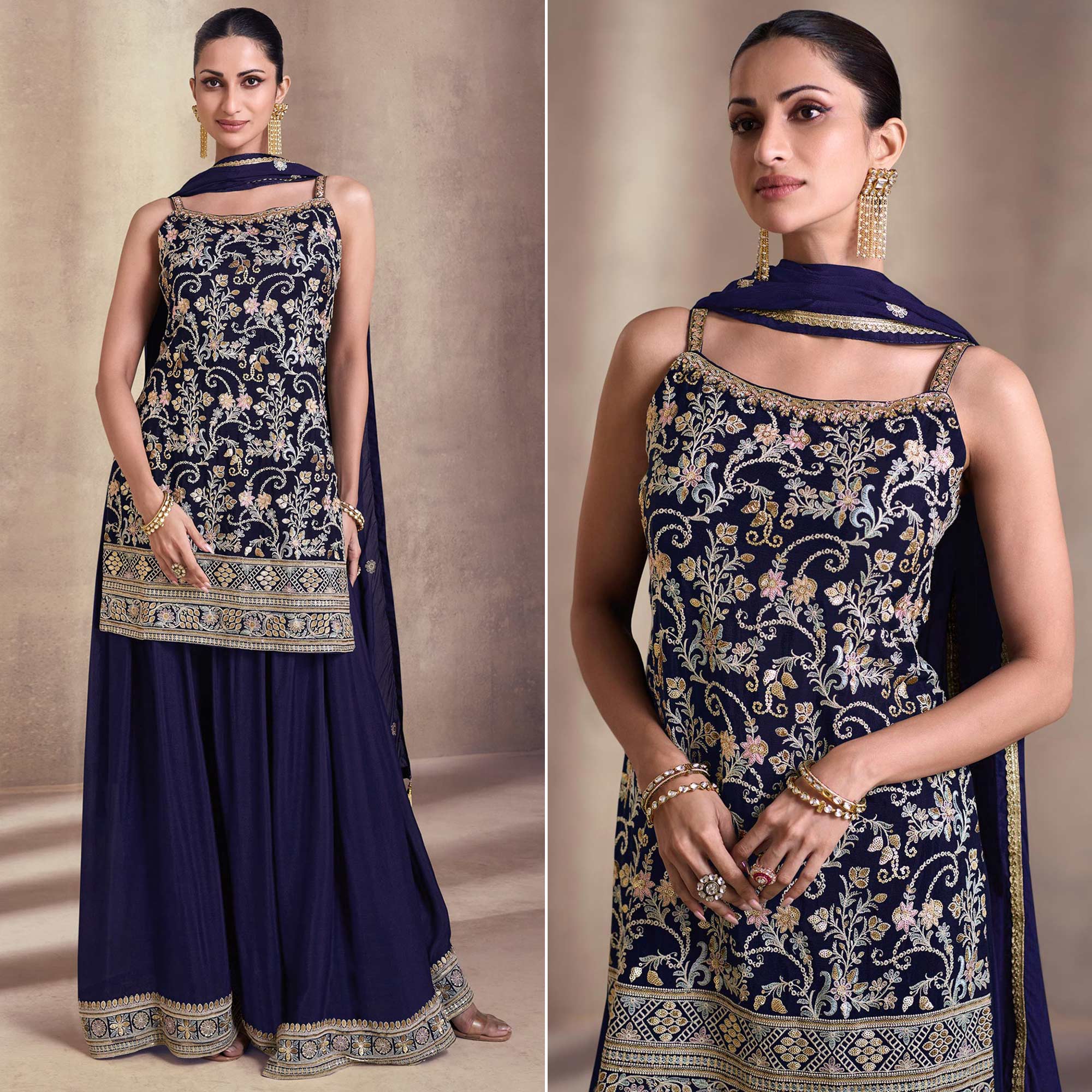 Blue Embroidered Georgette Semi Stitched Dress Material