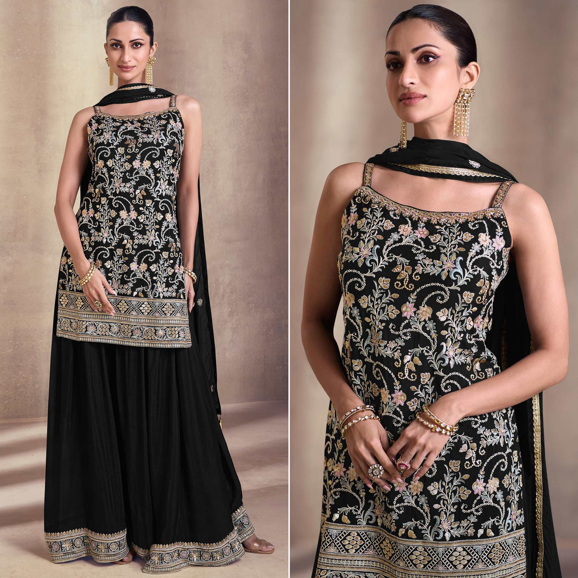 Black Embroidered Georgette Semi Stitched Dress Material