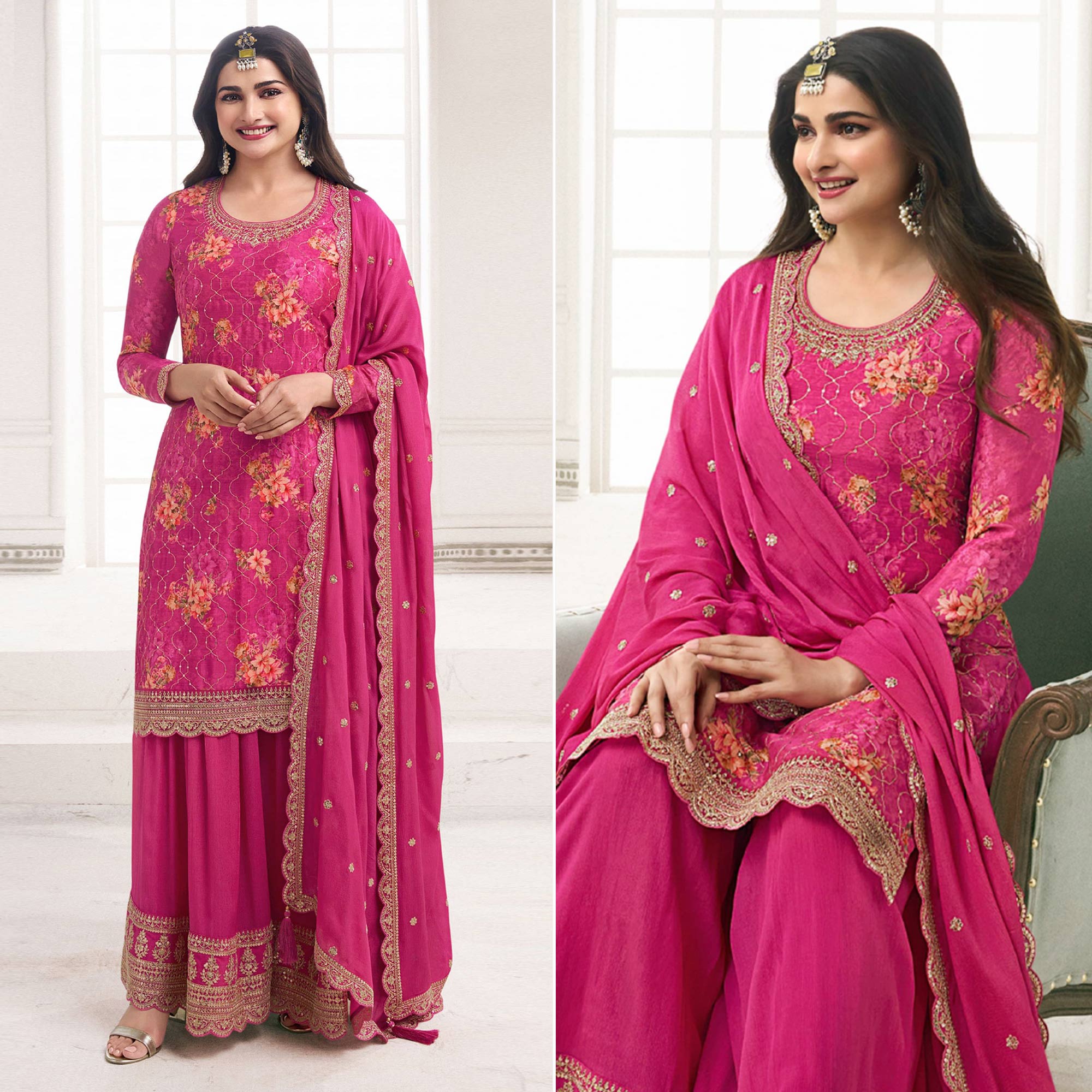 Pink Embroidered Chinon Semi Stitched Dress Material