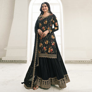 Black Embroidered Chinon Semi Stitched Dress Material