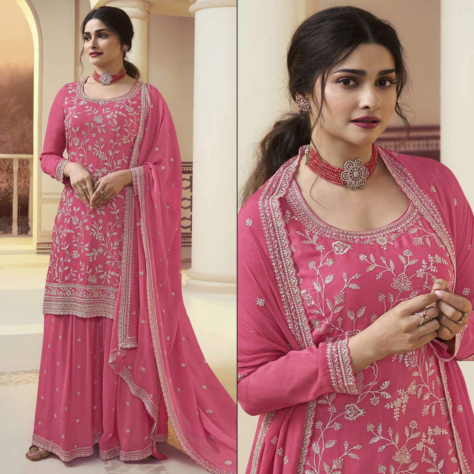 Pink Floral Embroidered Chinon Sharara Salwar Suit