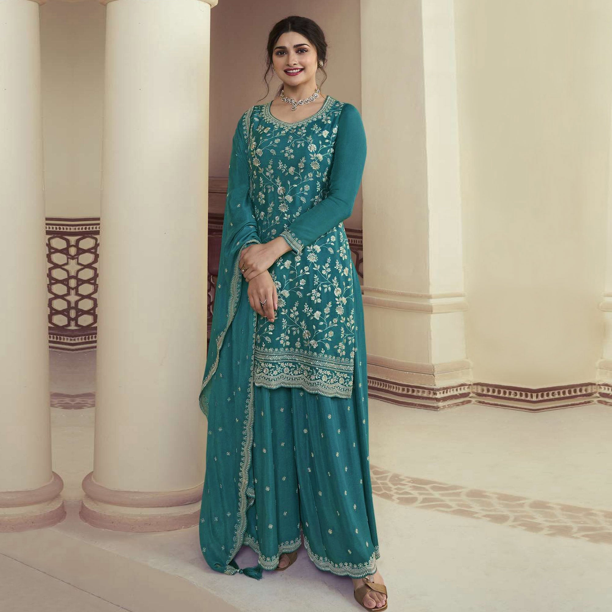 Teal Floral Embroidered Chinon Semi Stitched Sharara Suit