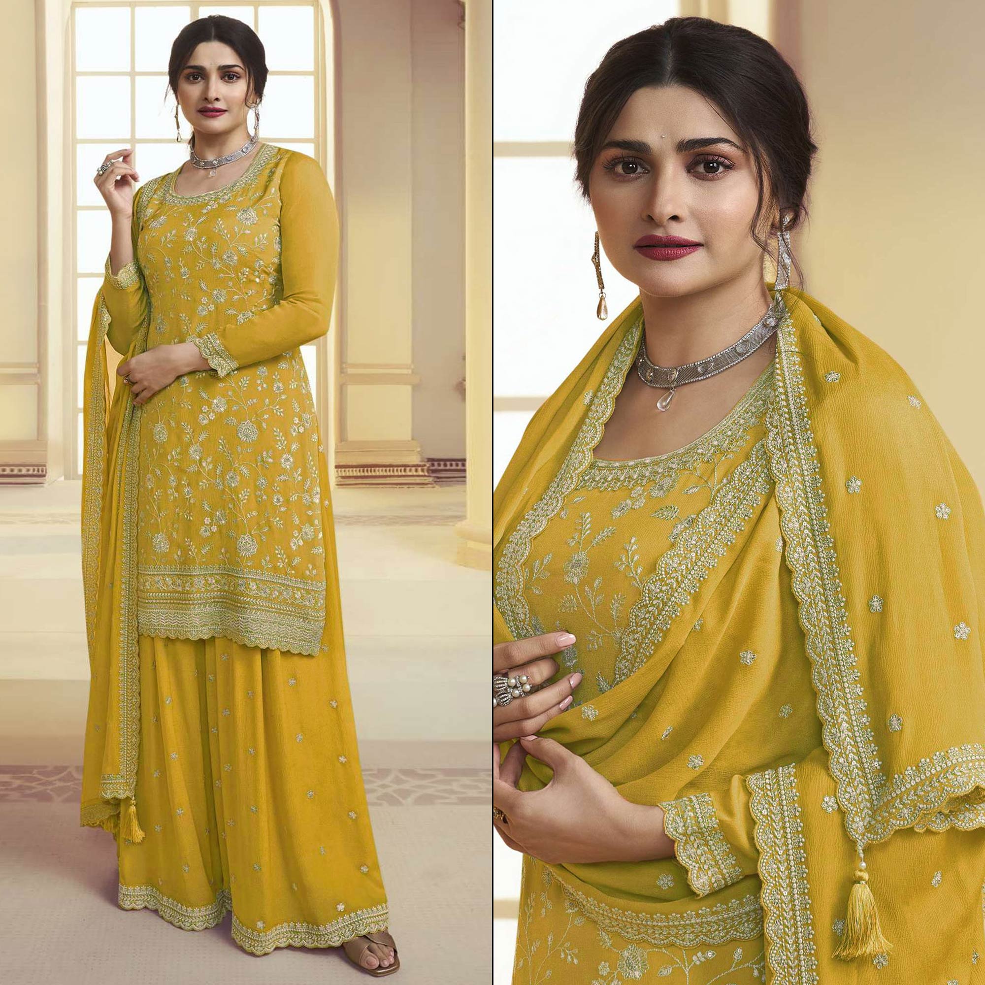 Mustard Floral Embroidered Chinon Semi Stitched Sharara Suit