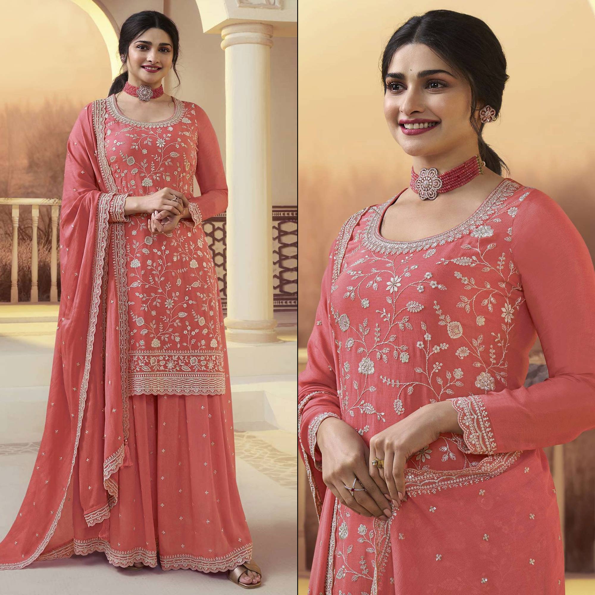 Peach Floral Embroidered Chinon Semi Stitched Sharara Suit