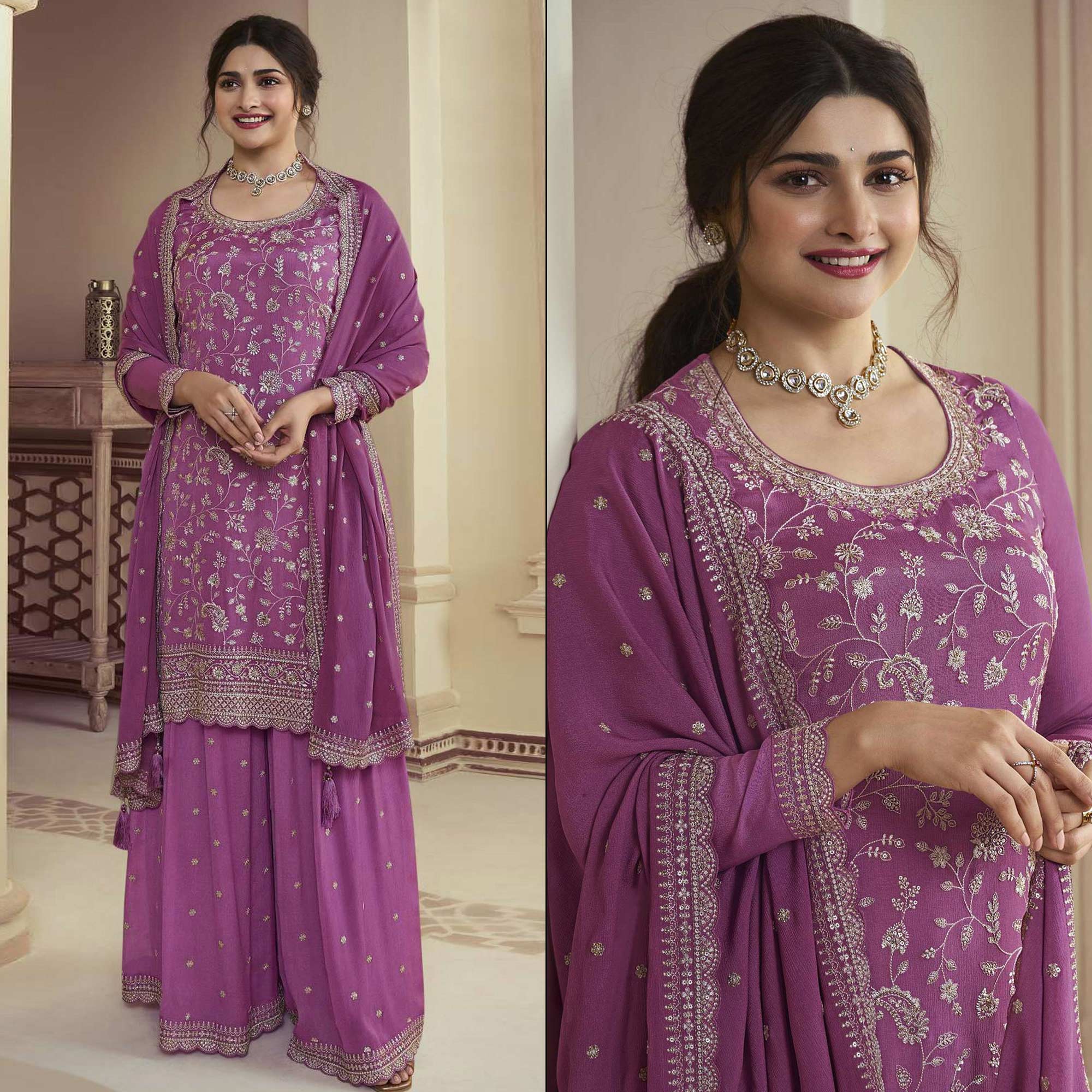 Purple Floral Embroidered Chinon Semi Stitched Sharara Suit