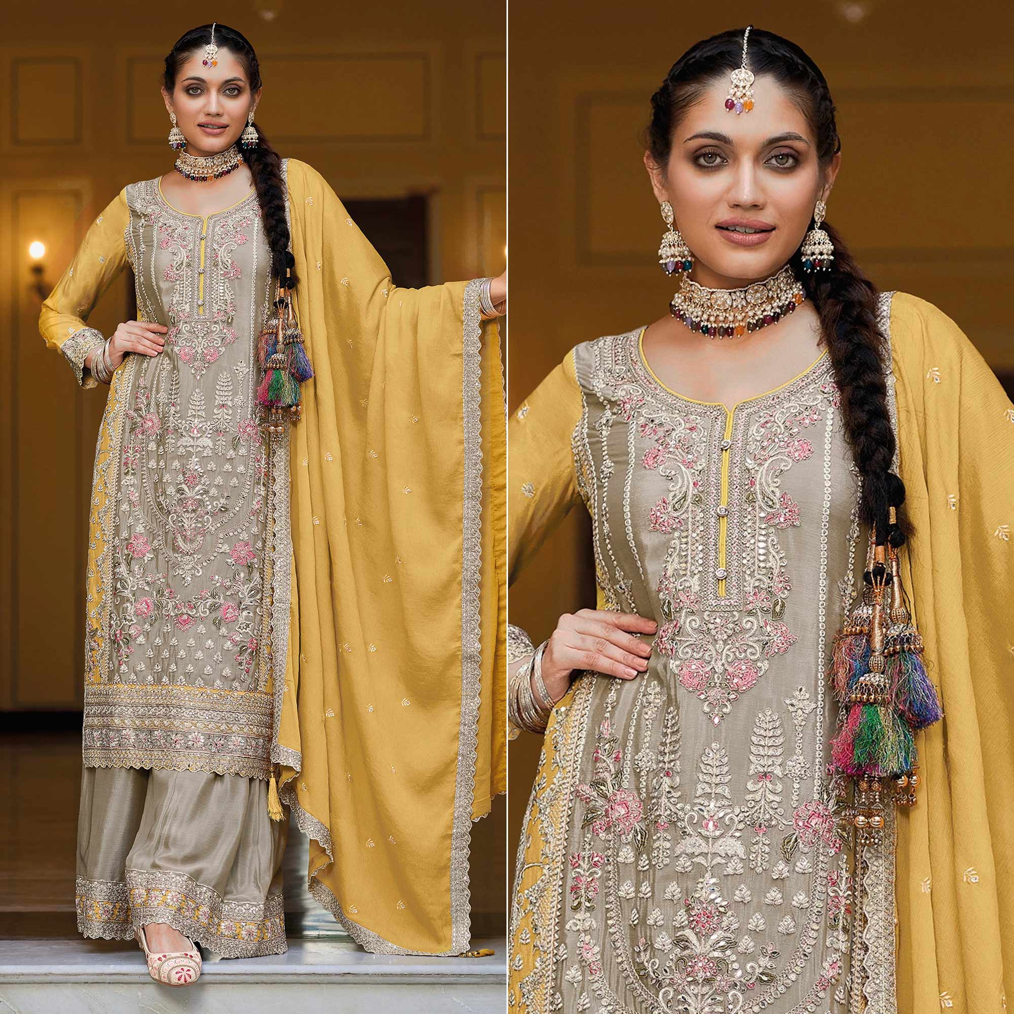 Grey Floral Embroidered Chinon Semi Stitched Palazzo Suit