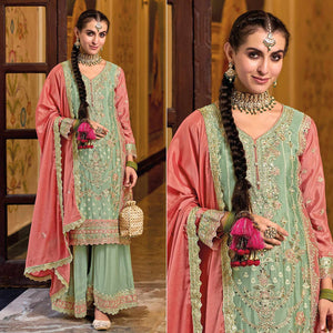 Green Floral Embroidered Chinon Palazzo Suit