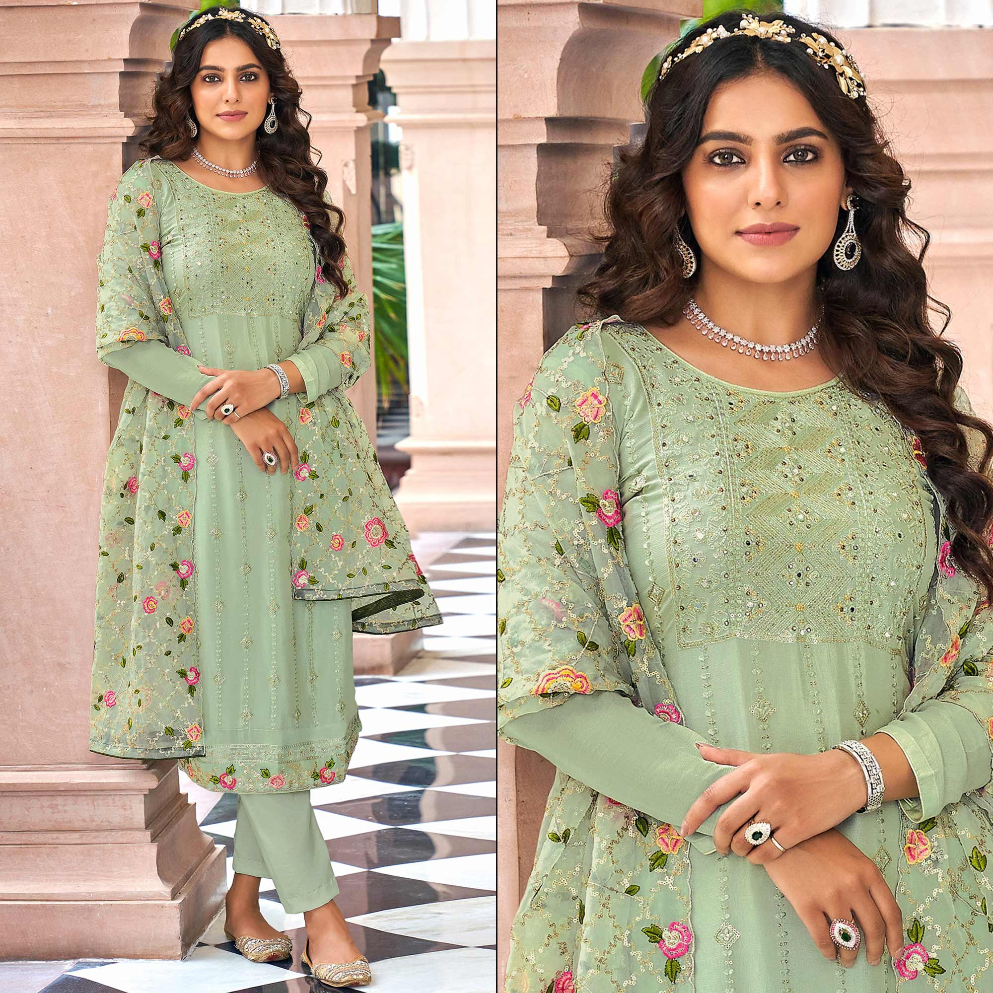 Green Floral Sequins Embroidered Georgette Semi Stitched Salwar Suit