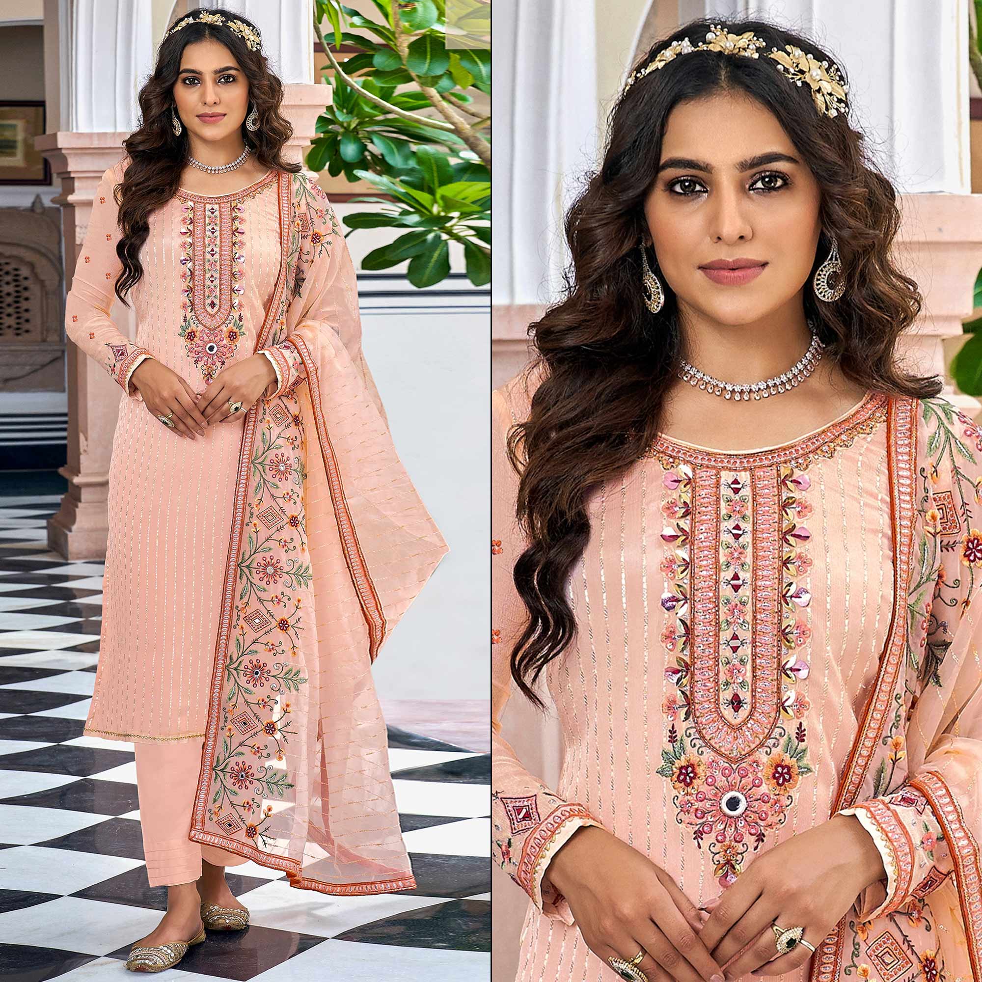 Peach Floral Sequins Embroidered Georgette Semi Stitched Salwar Suit