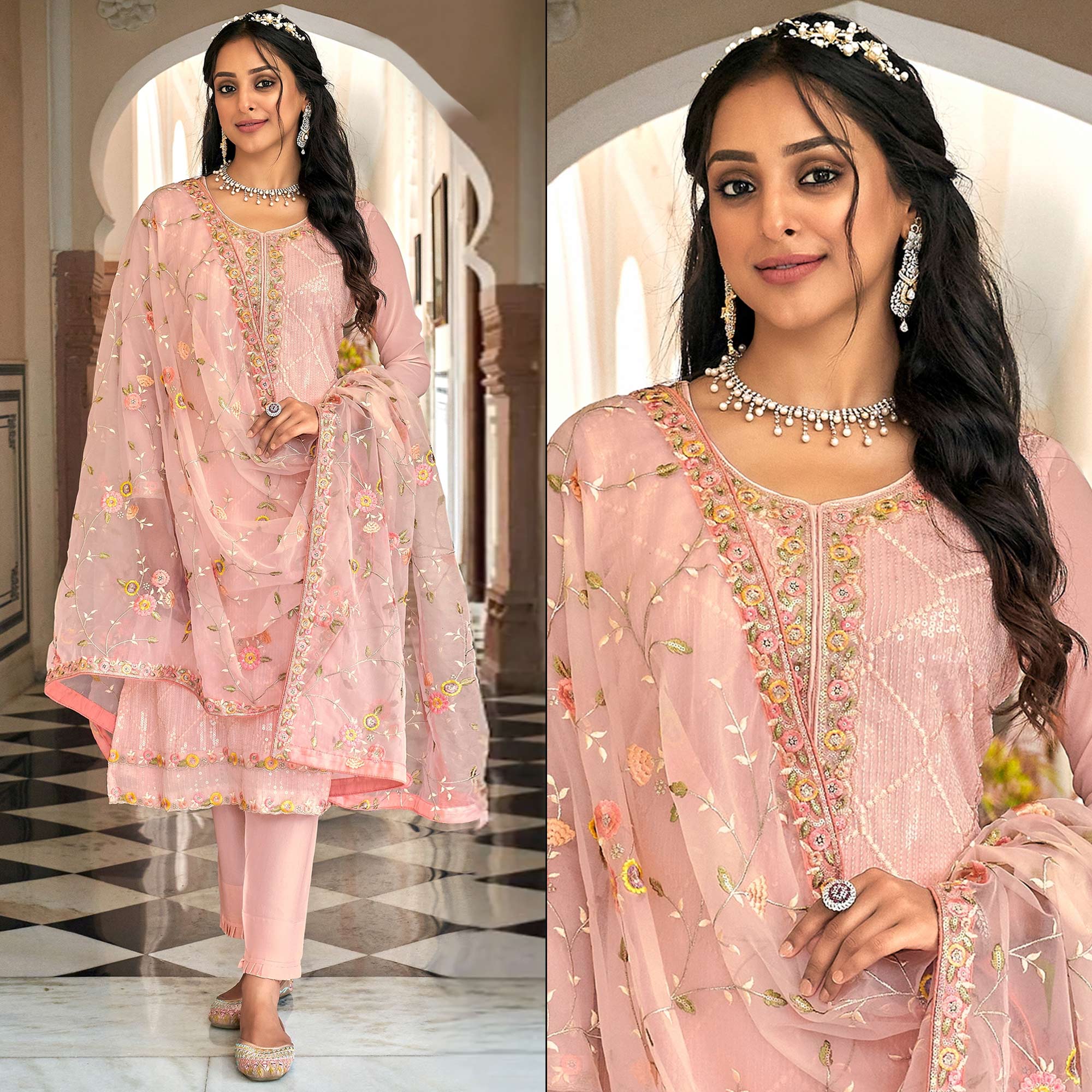 Pink Floral Sequins Embroidered Georgette Semi Stitched Salwar Suit