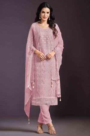 Pink Floral Sequins Embroidered Chinon Semi Stitched Suit