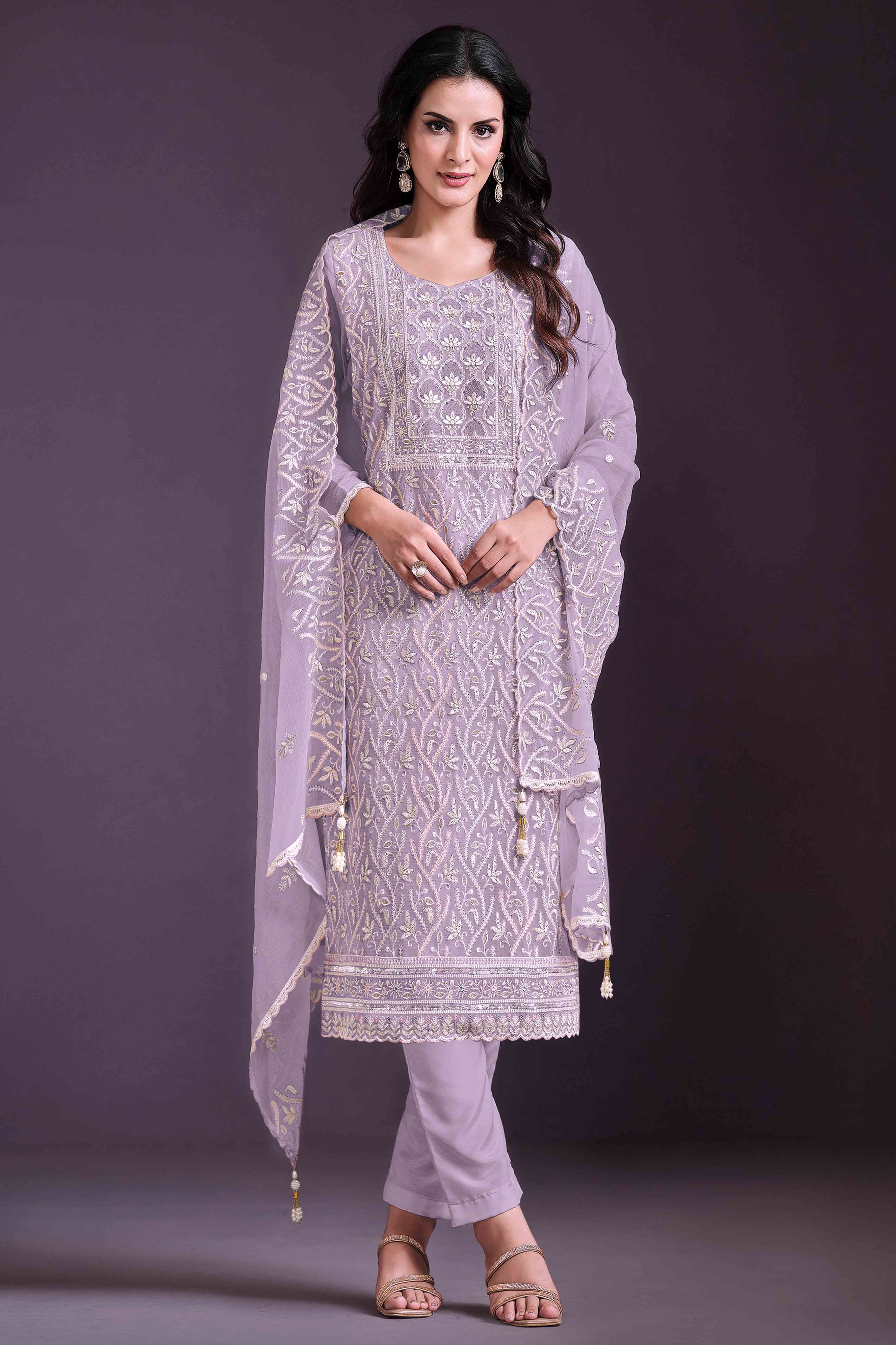 Lavender Floral Sequins Embroidered Chinon Semi Stitched Suit