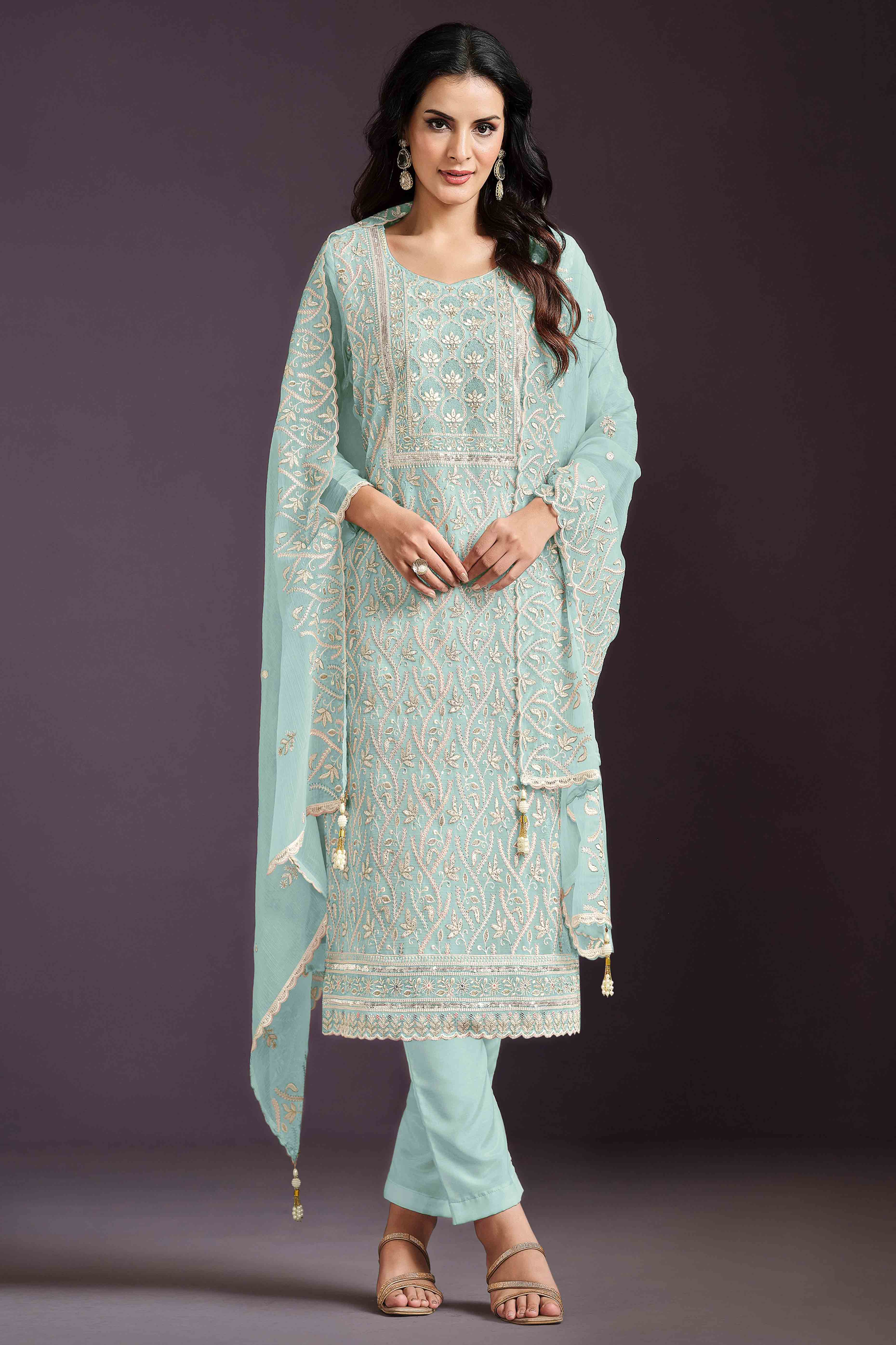 Turquoise Floral Sequins Embroidered Chinon Semi Stitched Suit
