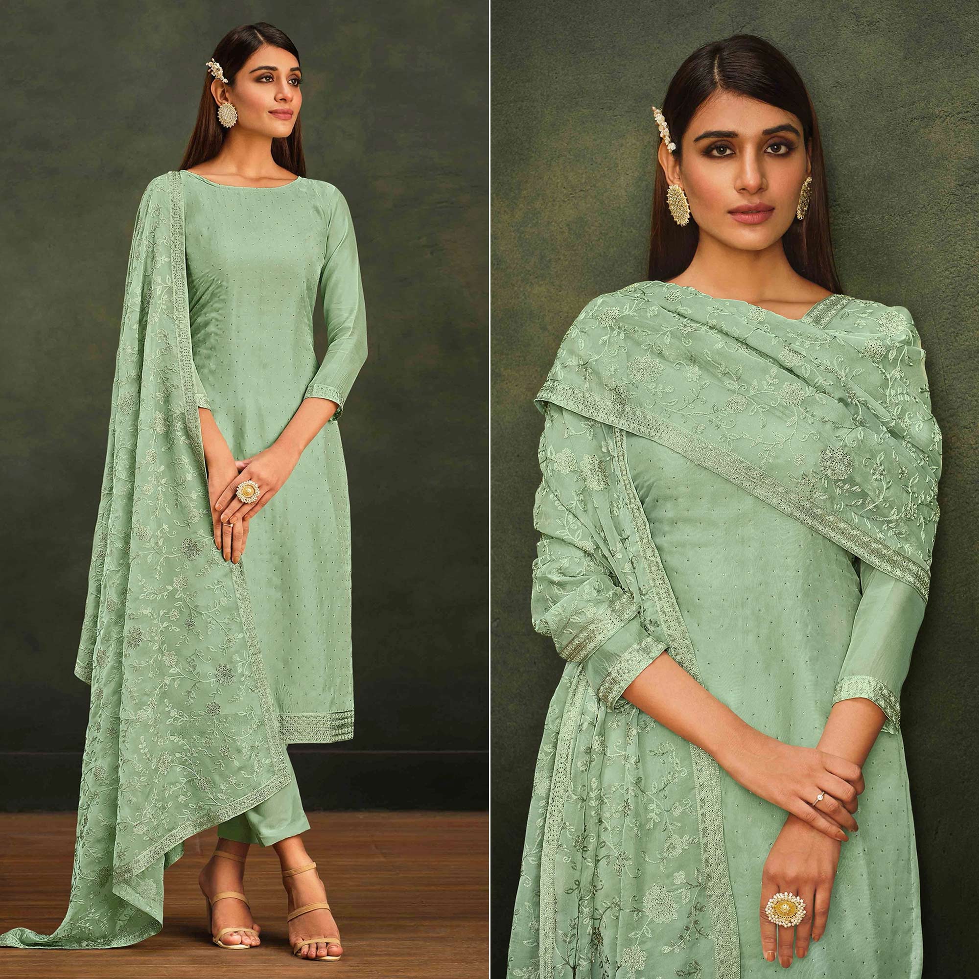 Green Swarovski Work Organza Semi Stitched Salwar Suit