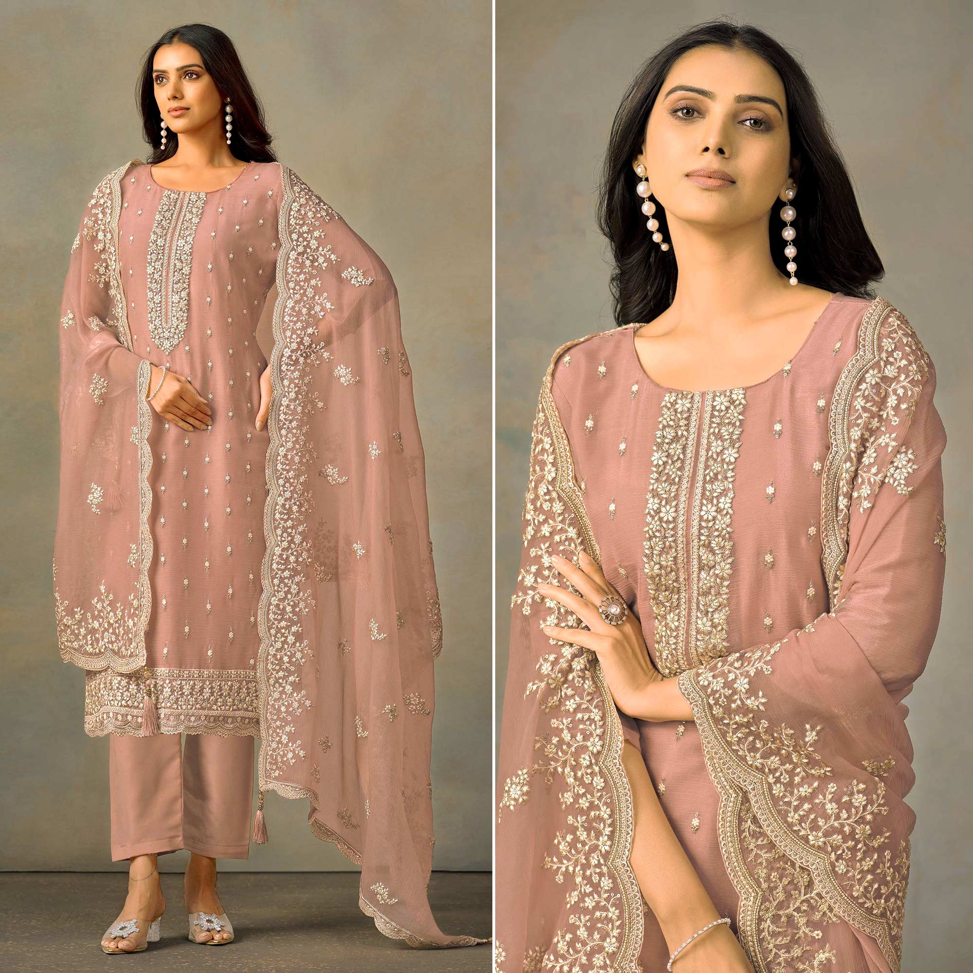 Peach Floral Sequins Embroidered Organza Semi Stitched Salwar Suit