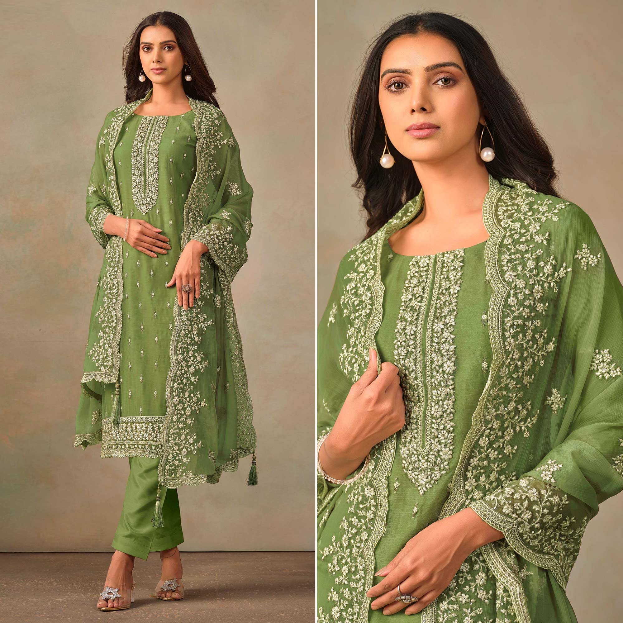 Green Floral Sequins Embroidered Organza Semi Stitched Salwar Suit