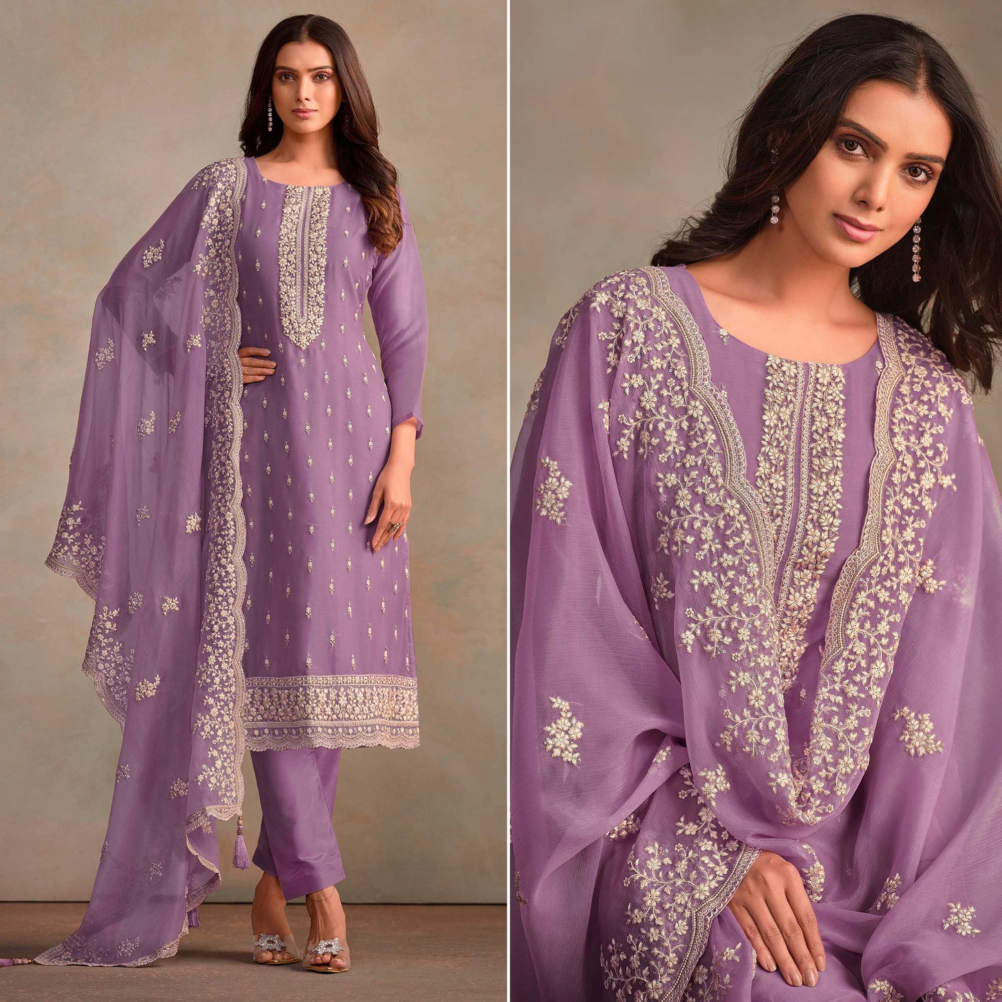 Lavender Floral Sequins Embroidered Organza Semi Stitched Salwar Suit