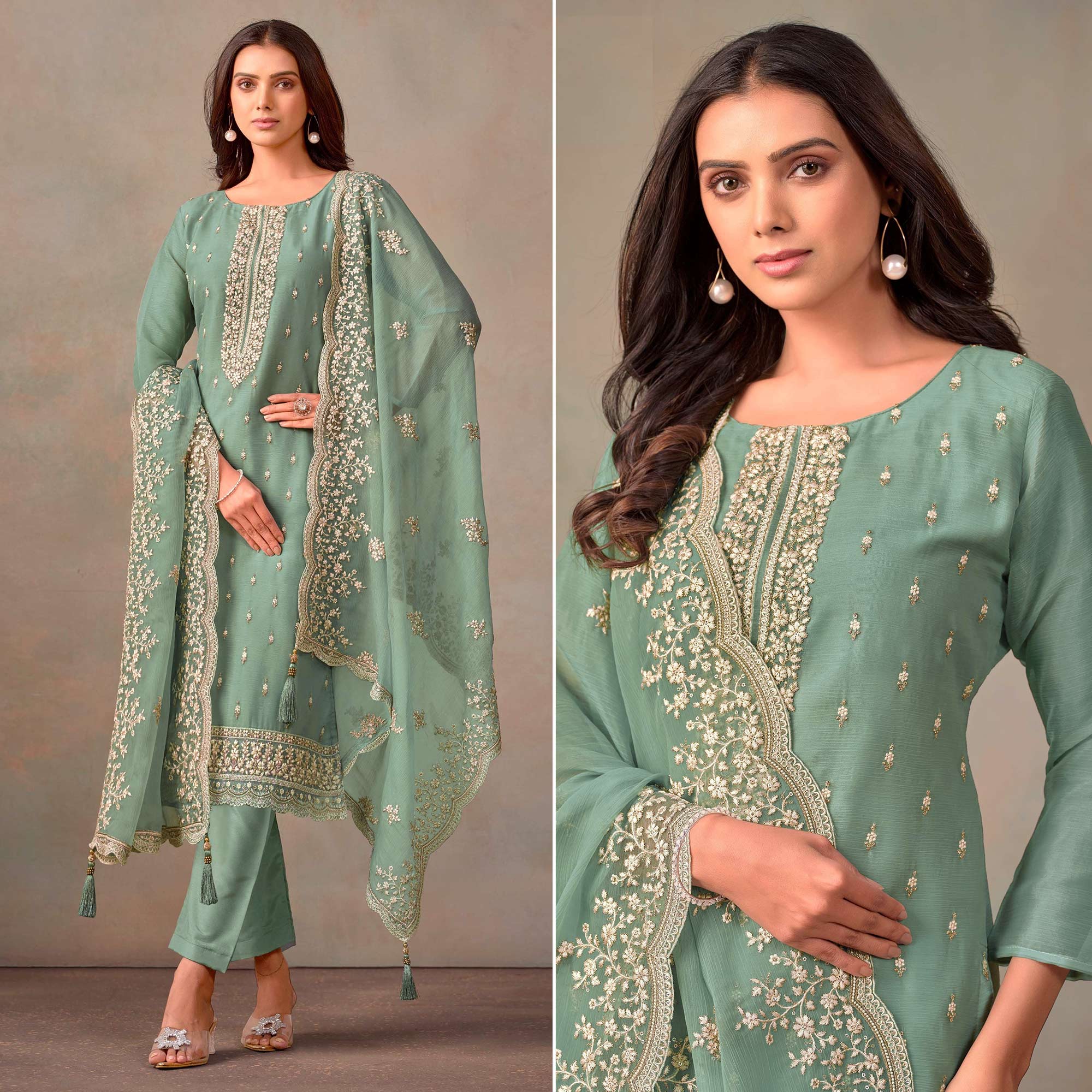 Green Floral Sequins Embroidered Organza Semi Stitched Salwar Suit