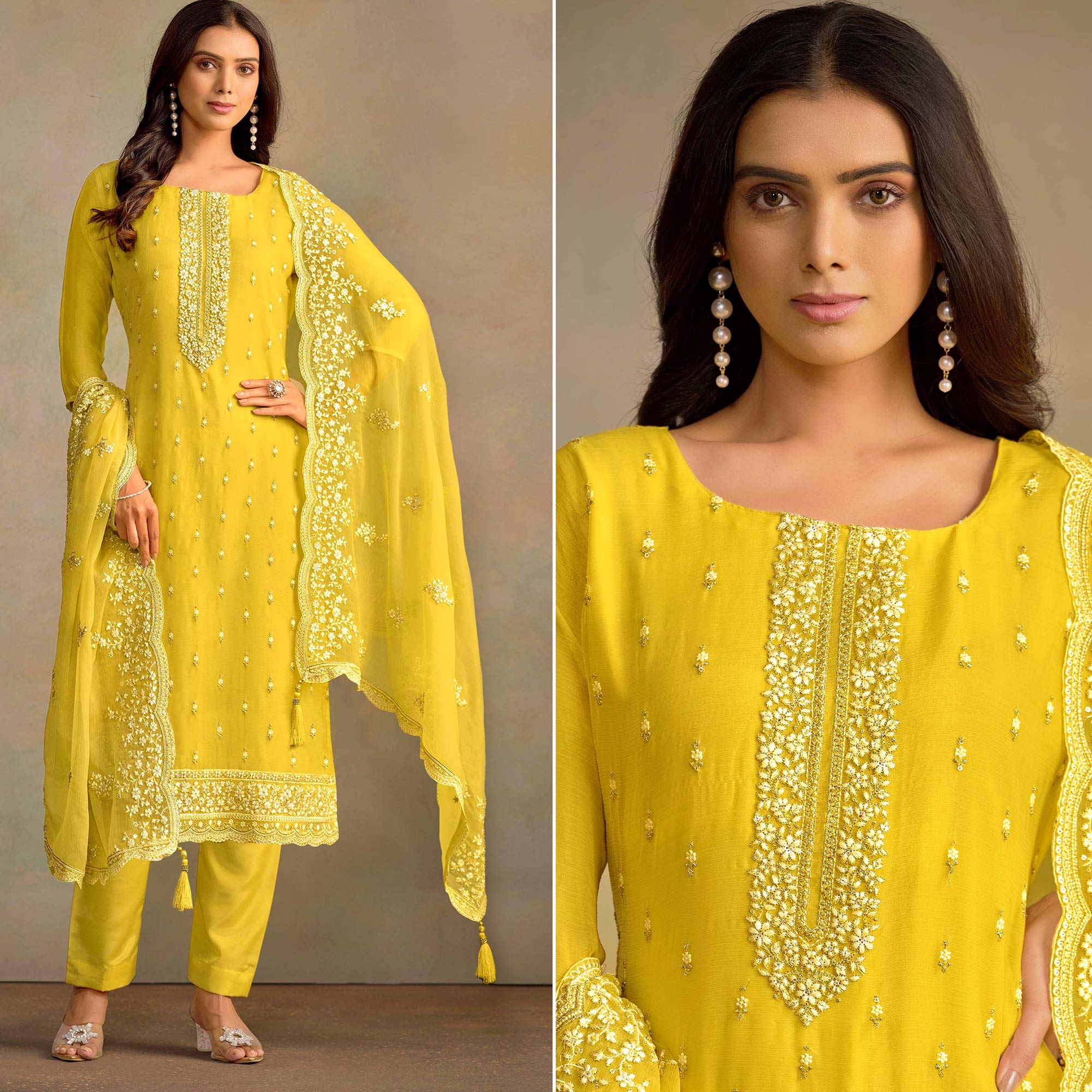 Yellow Floral Sequins Embroidered Organza Semi Stitched Salwar Suit