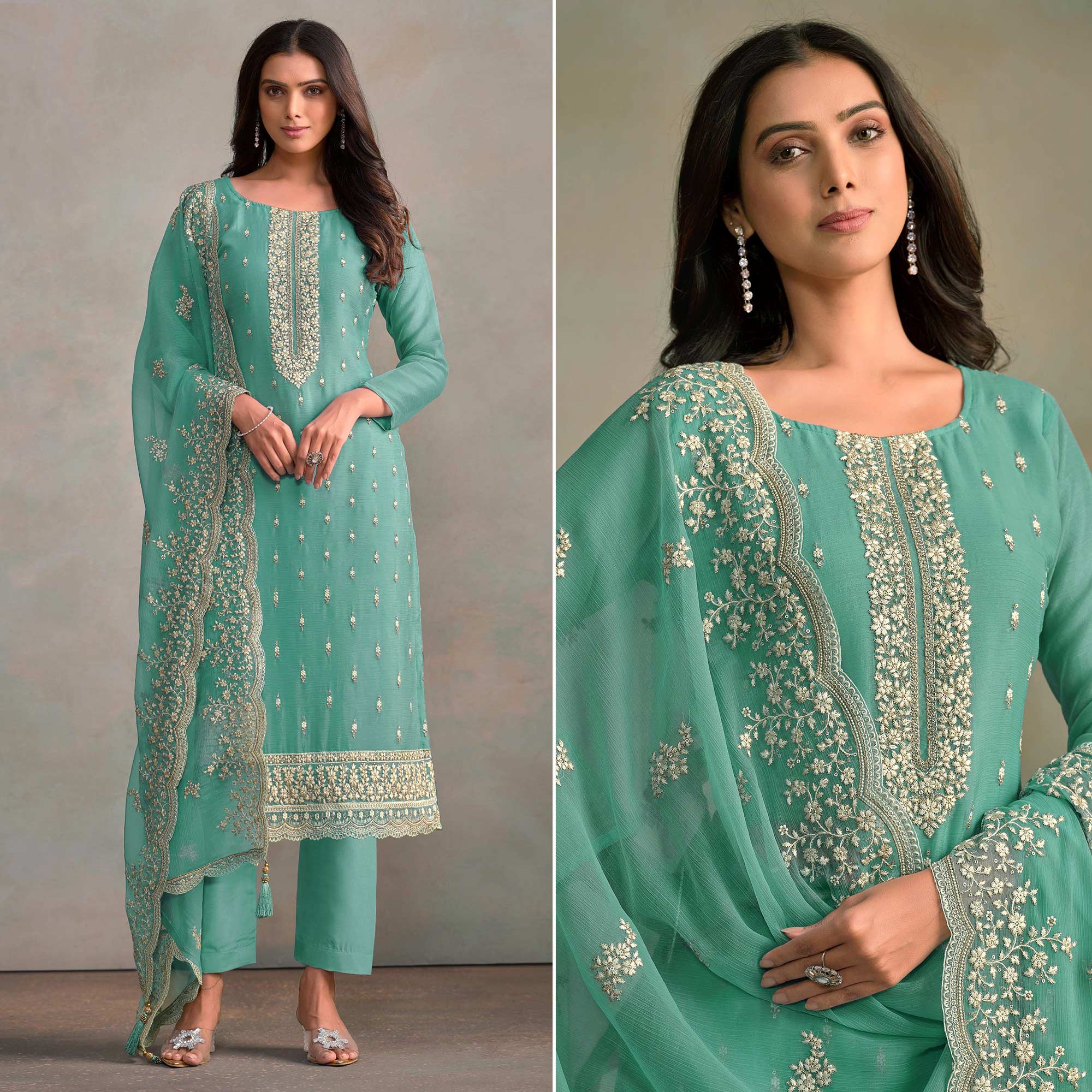 Turquoise Floral Sequins Embroidered Organza Semi Stitched Salwar Suit