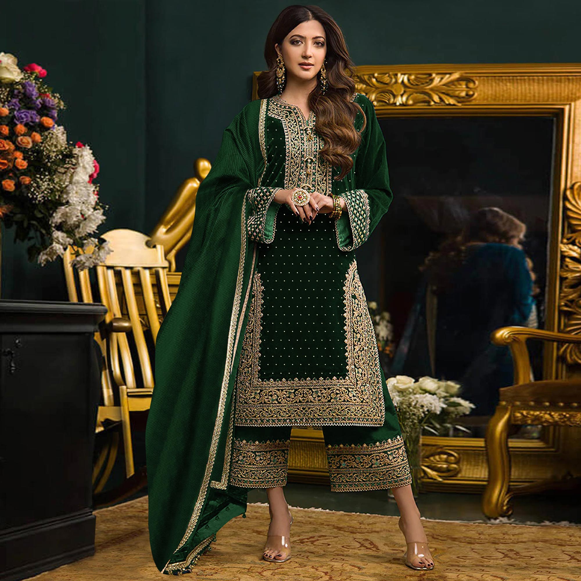 Green Embroidered Velvet Semi Stitched Salwar Suit