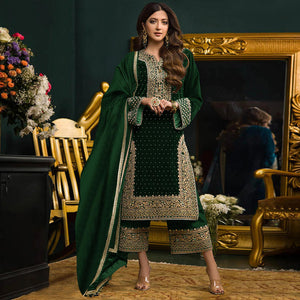 Green Embroidered Velvet Semi Stitched Salwar Suit