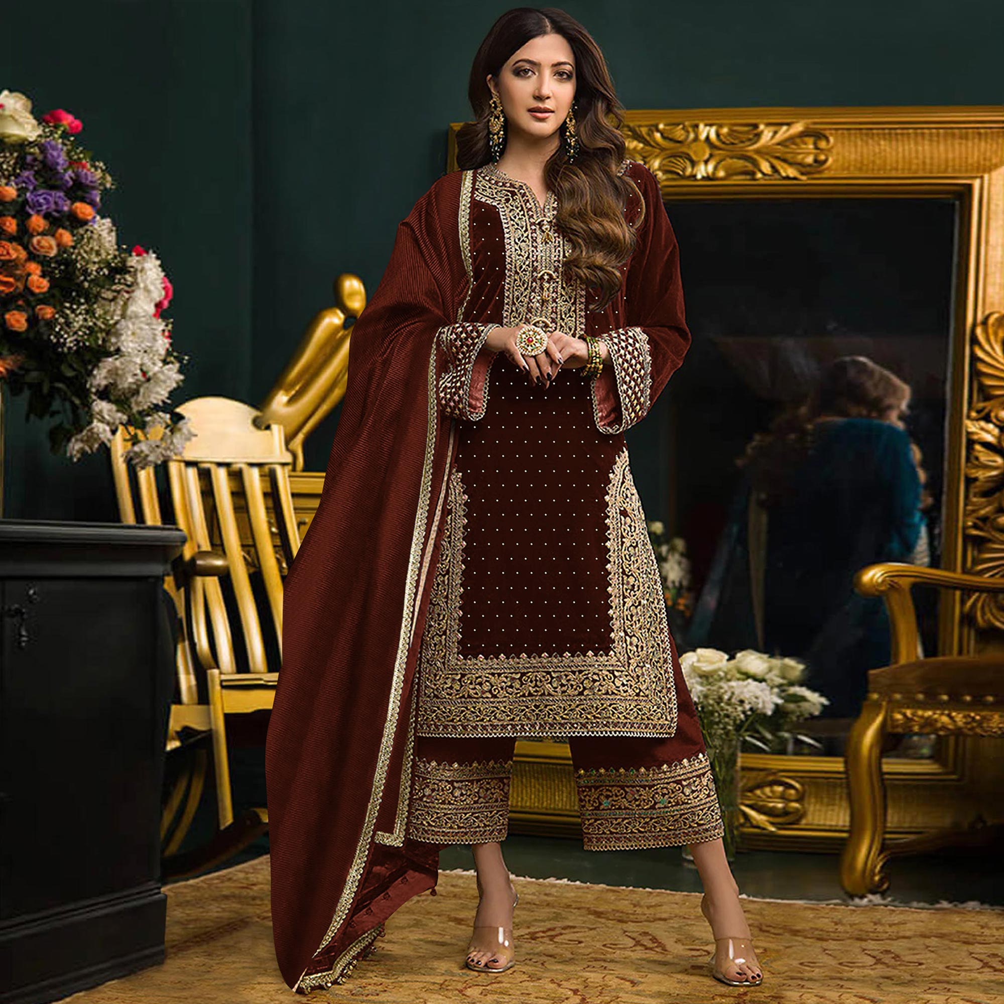 Brown Embroidered Velvet Semi Stitched Salwar Suit