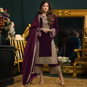 Wine Embroidered Velvet Semi Stitched Salwar Suit