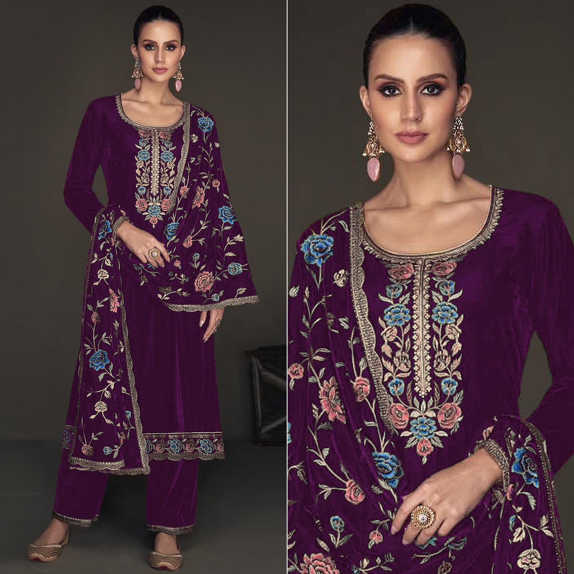 Purple Floral Embroidered Velvet Semi Stitched Suit