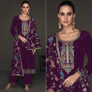 Purple Floral Embroidered Velvet Semi Stitched Suit