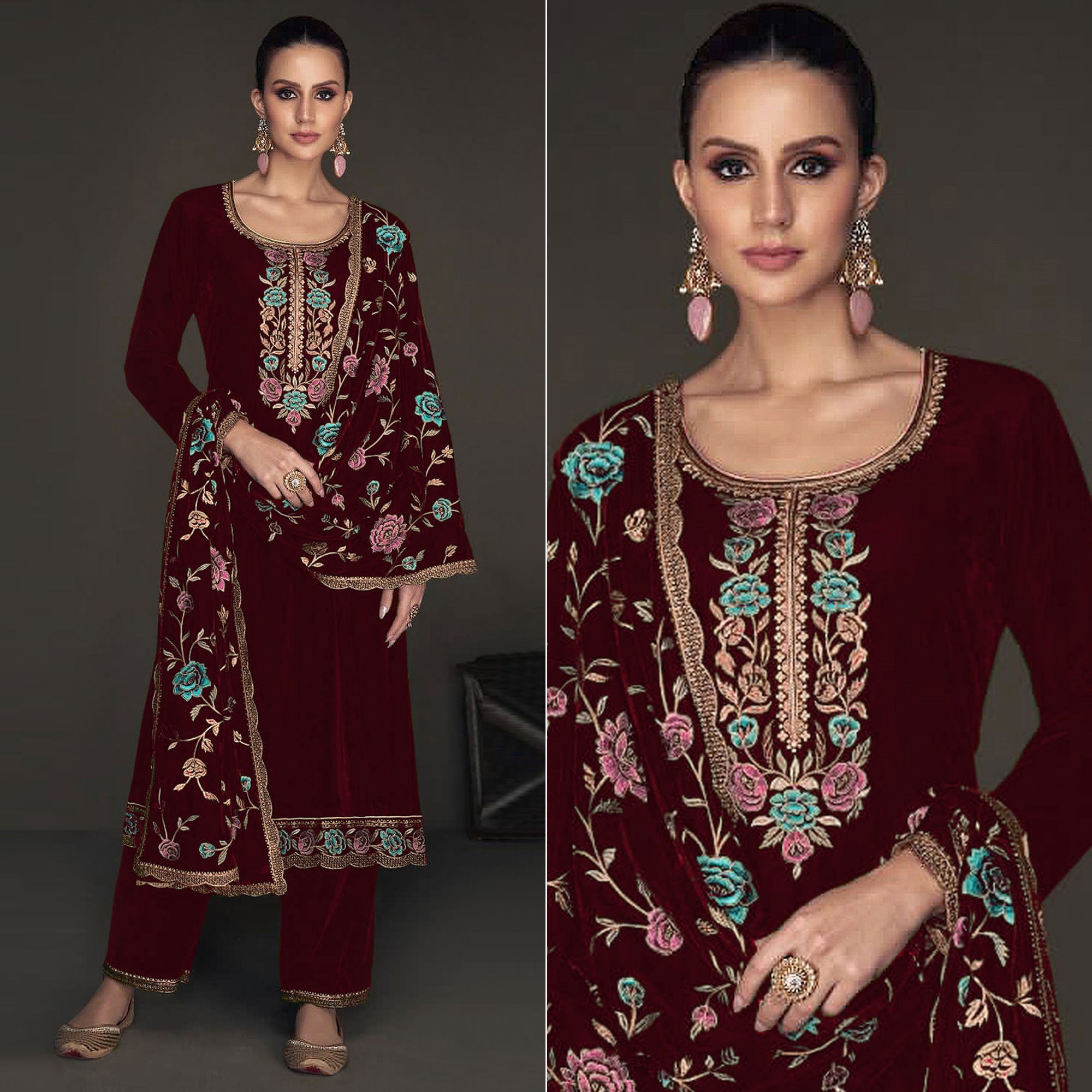 Maroon Floral Embroidered Velvet Semi Stitched Suit