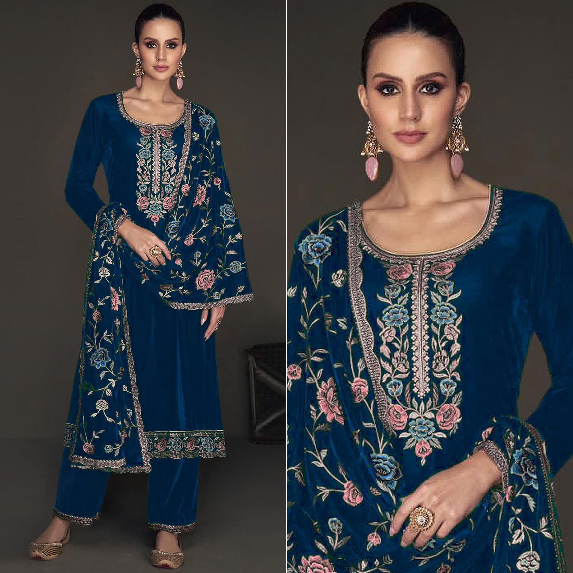 Morpich Floral Embroidered Velvet Semi Stitched Suit
