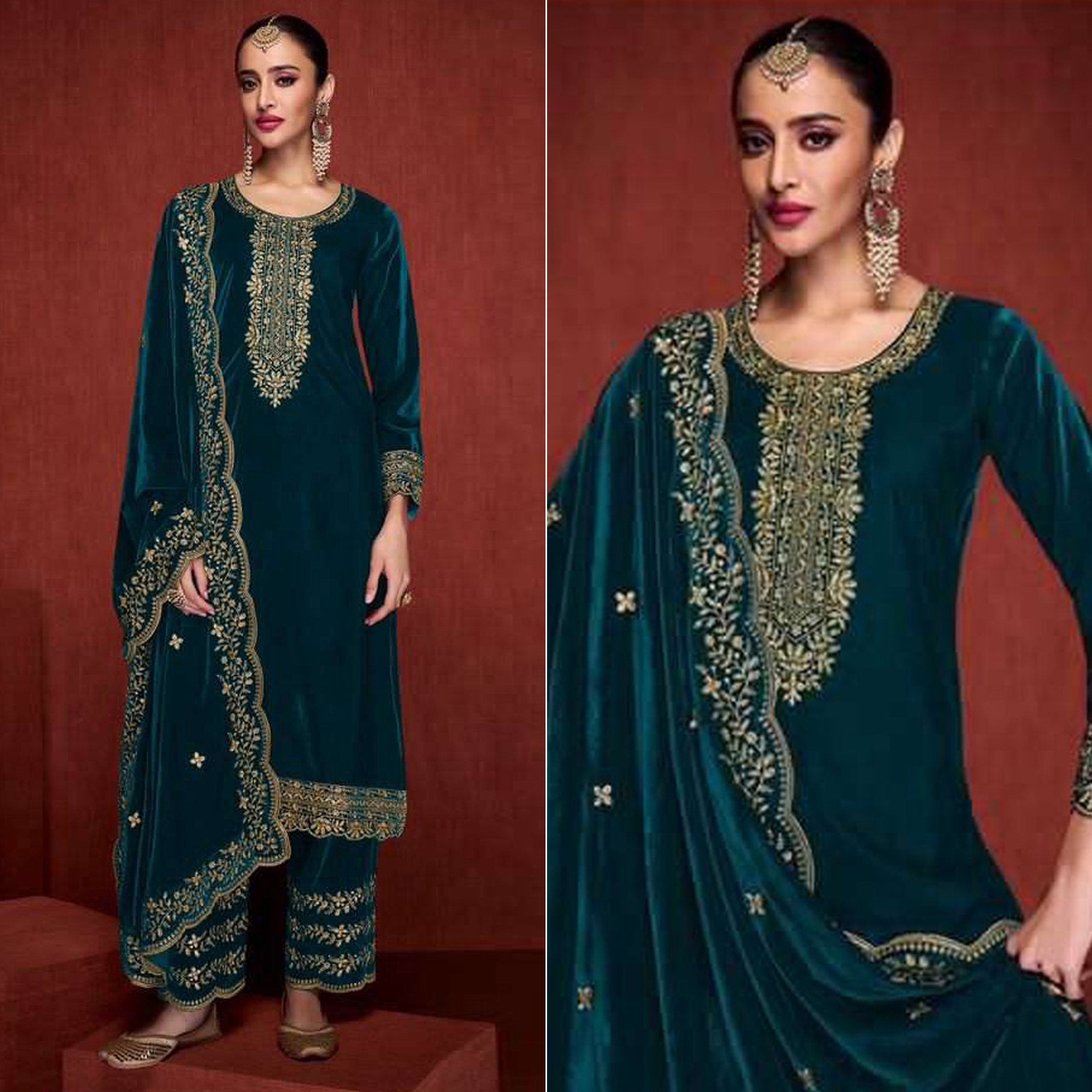 Morpich Floral Embroidered Velvet Semi Stitched Suit