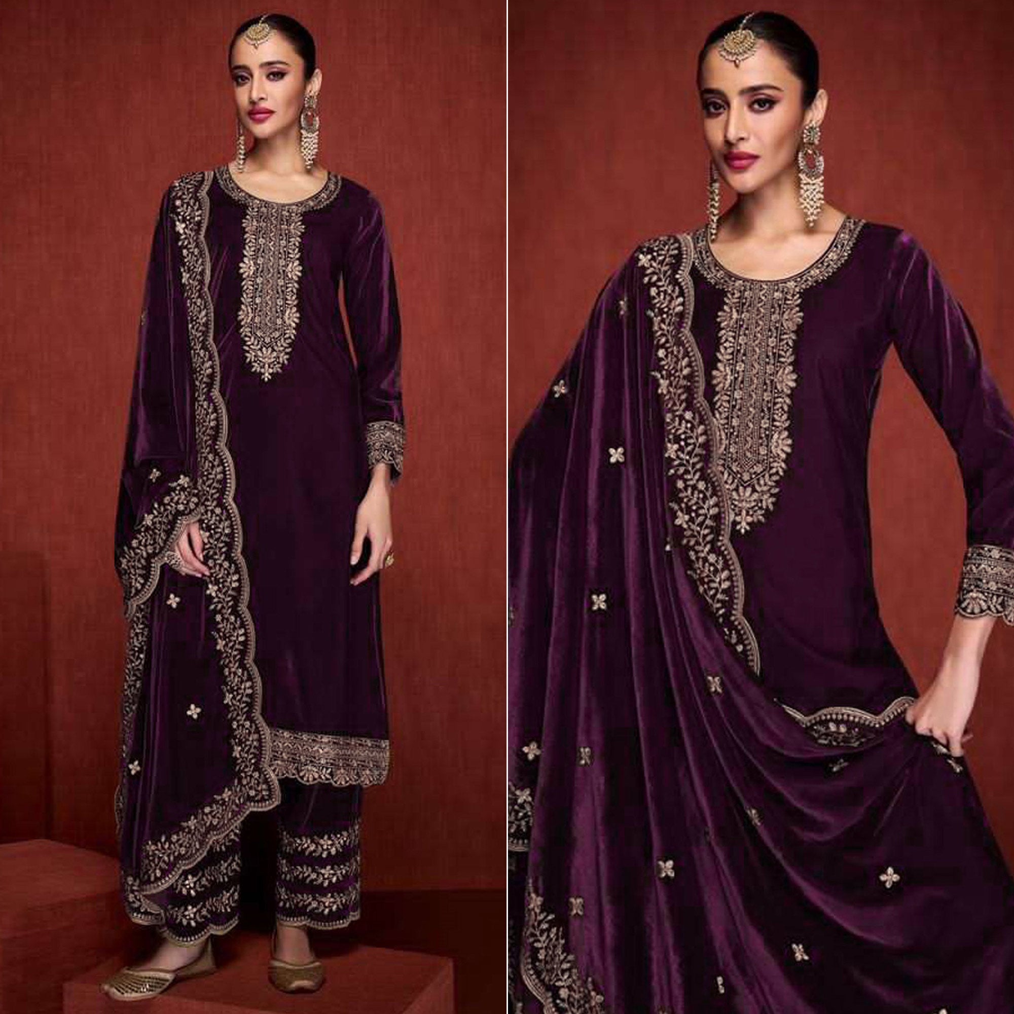 Purple Floral Embroidered Velvet Semi Stitched Suit