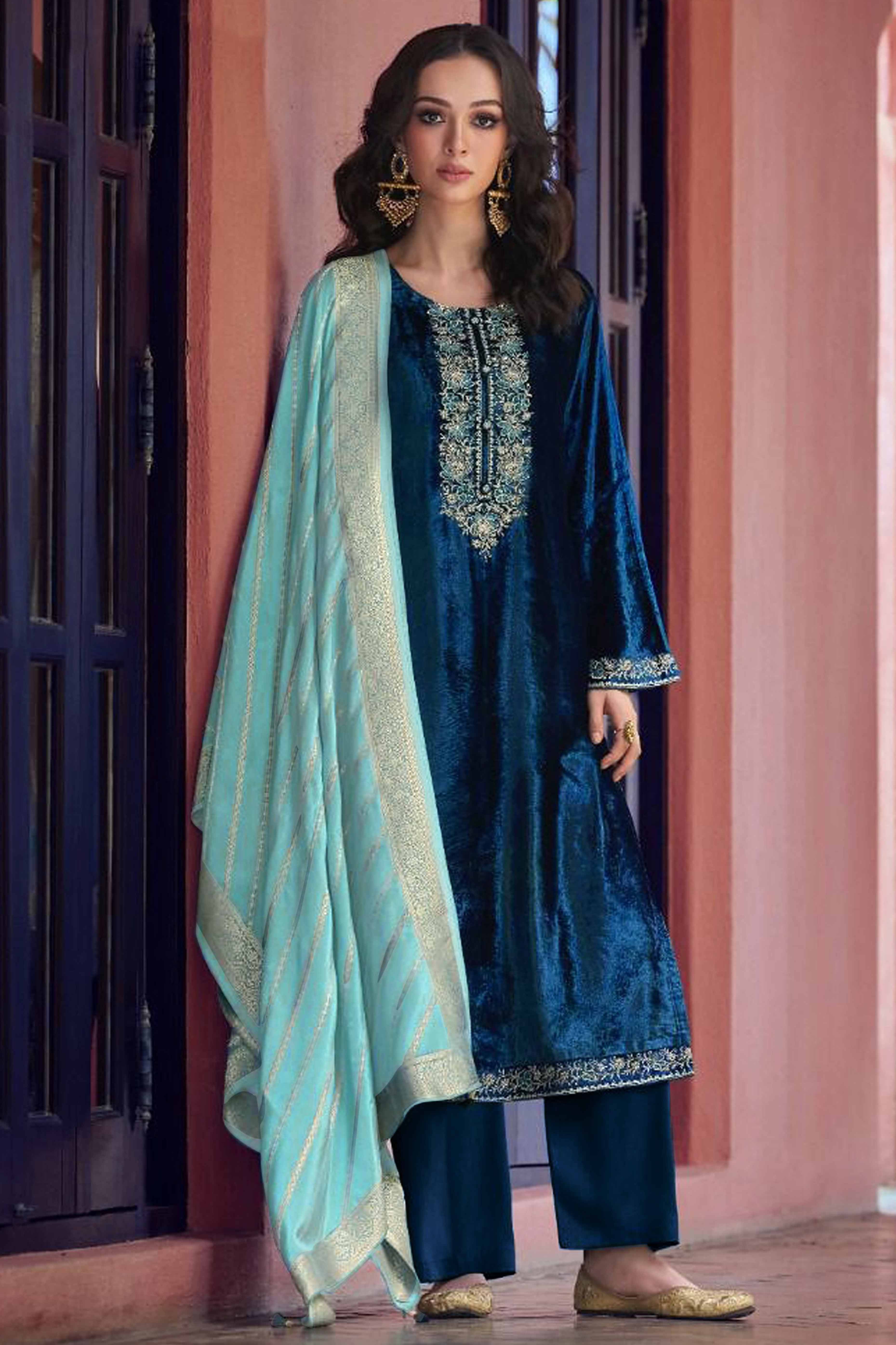 Teal Embroidered Velvet Semi-Stitched Salwar Suit