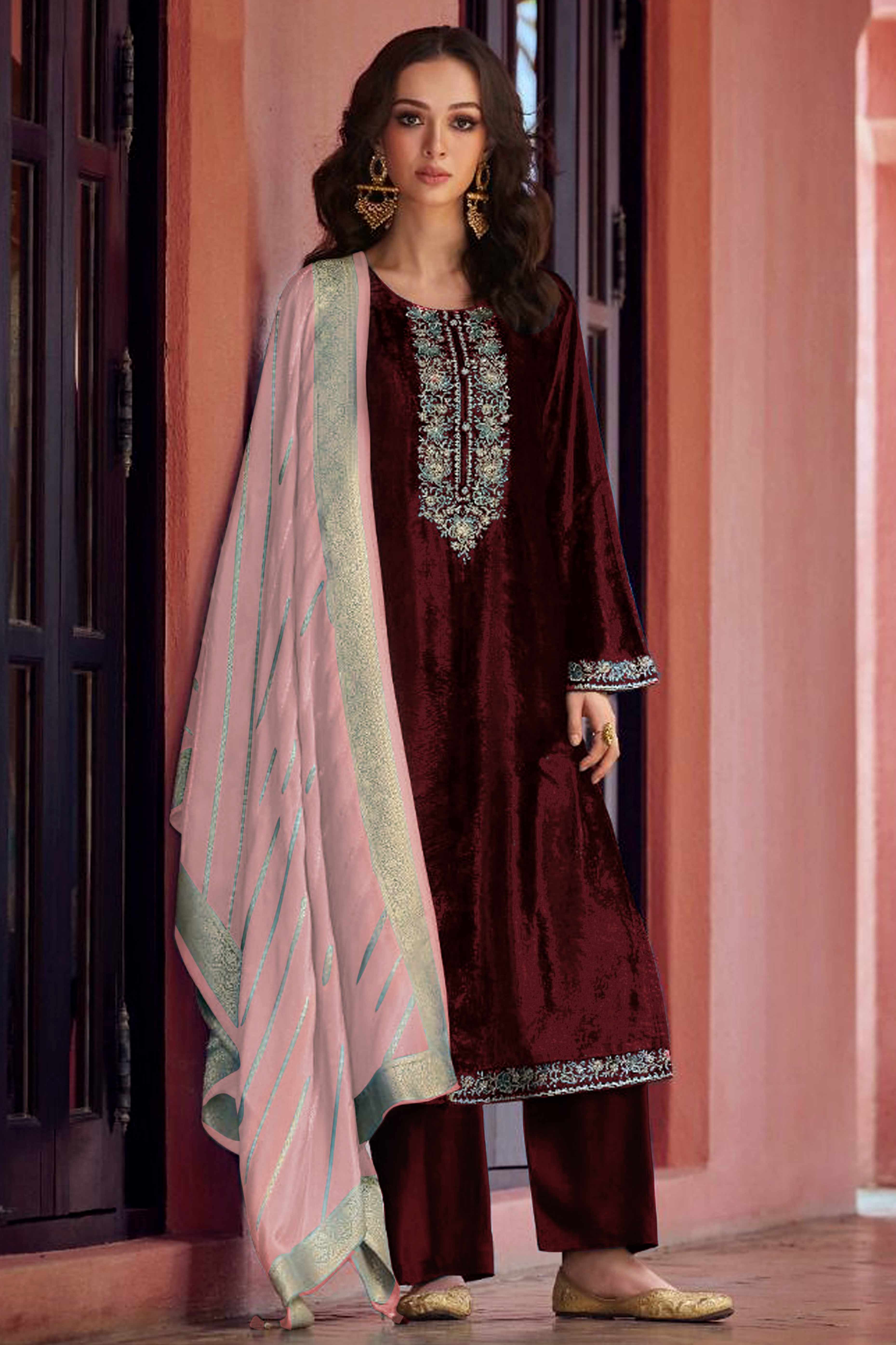 Brown Embroidered Velvet Semi-Stitched Salwar Suit