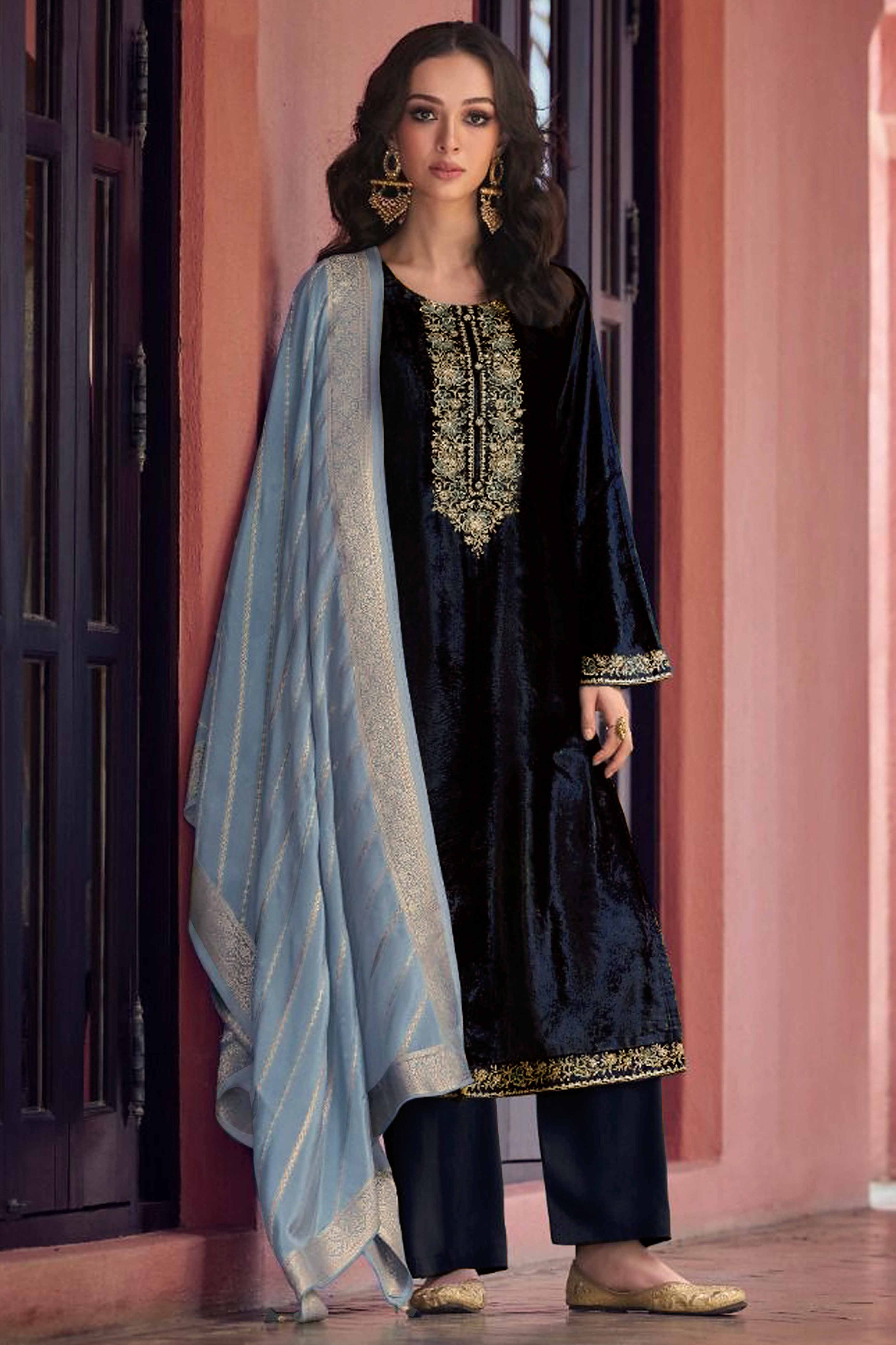 Navy Blue Embroidered Velvet Semi-Stitched Salwar Suit