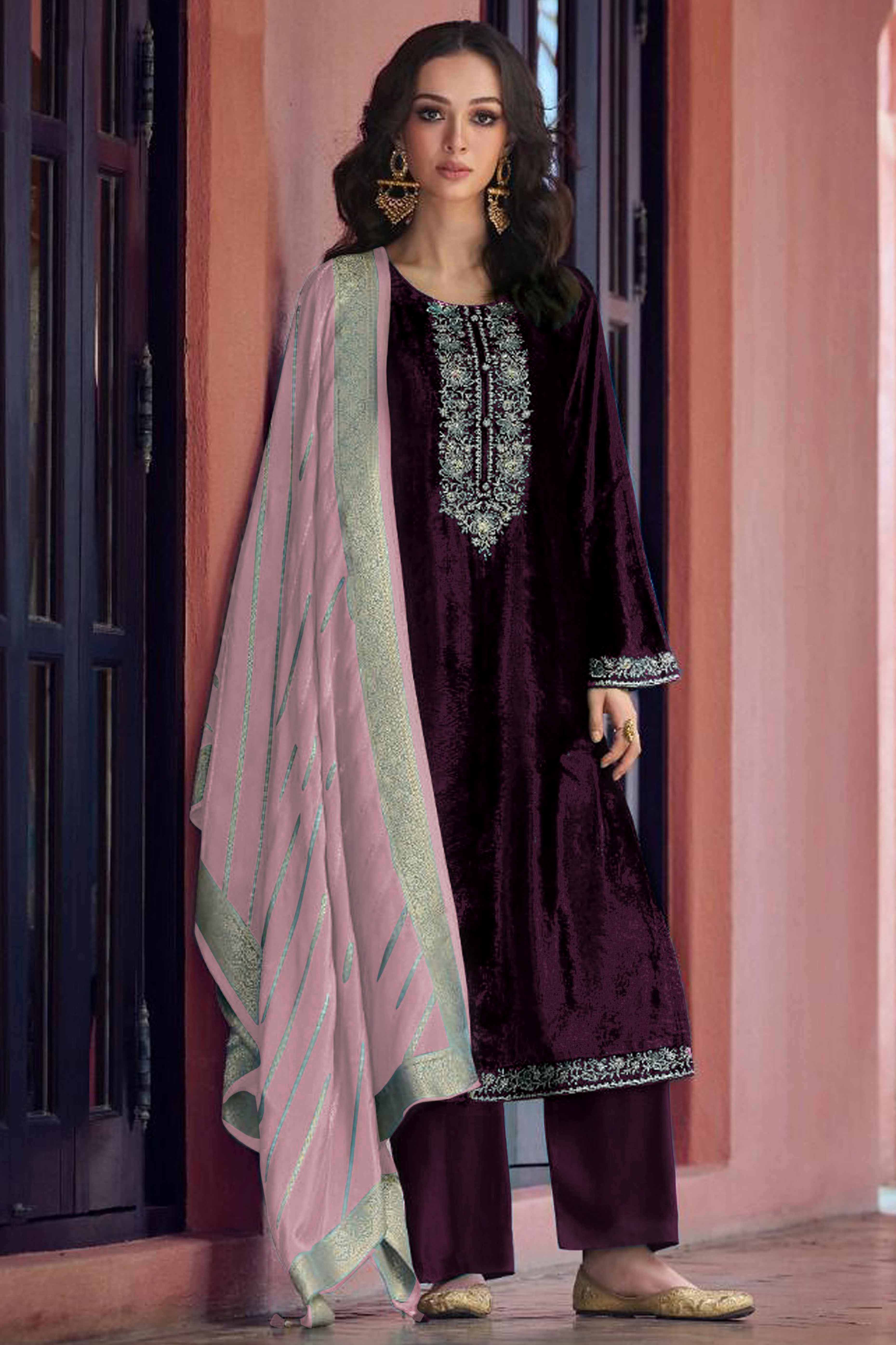 Purple Embroidered Velvet Semi-Stitched Salwar Suit