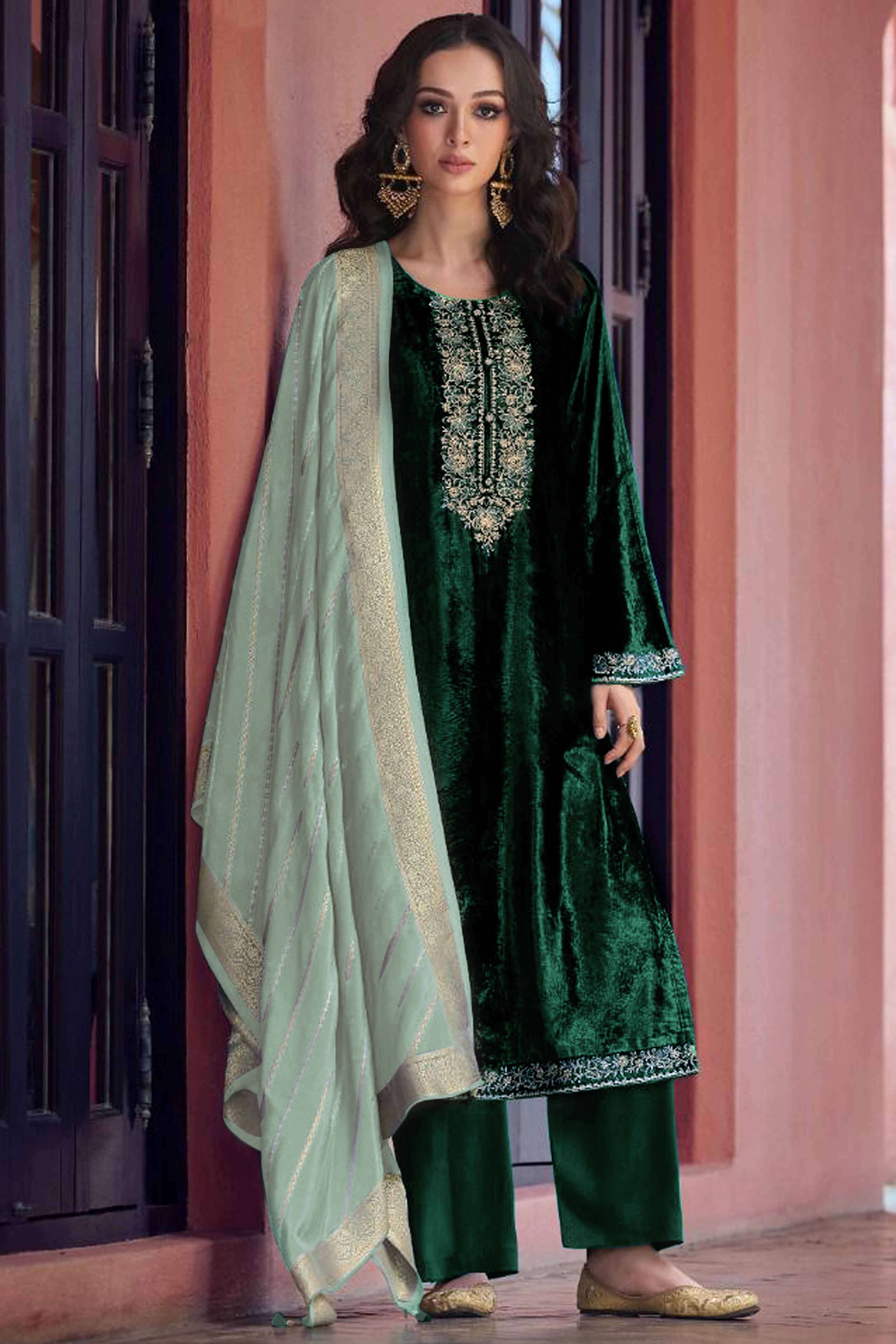 Green Embroidered Velvet Semi-Stitched Salwar Suit